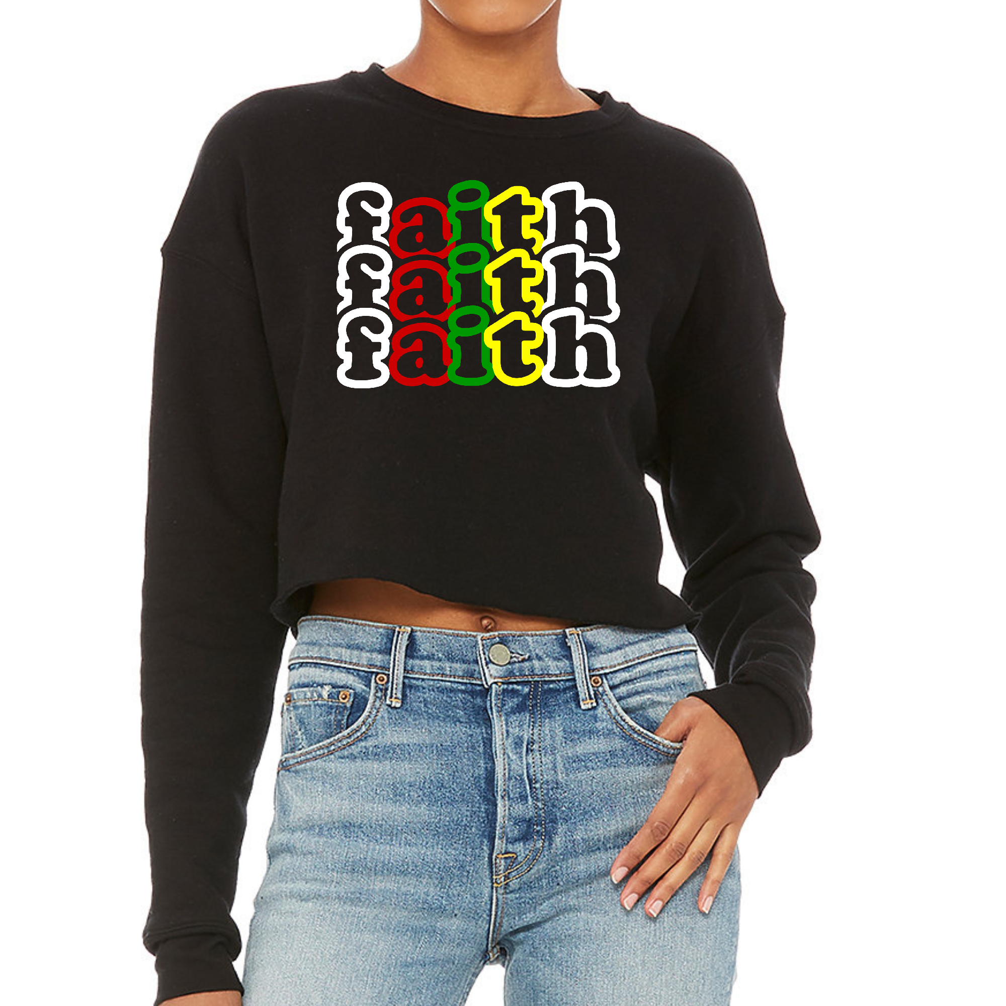 Women's cropped graphic sweatshirt featuring a multicolor Faith Stack illustration, showcasing vibrant colors and a stylish design.
