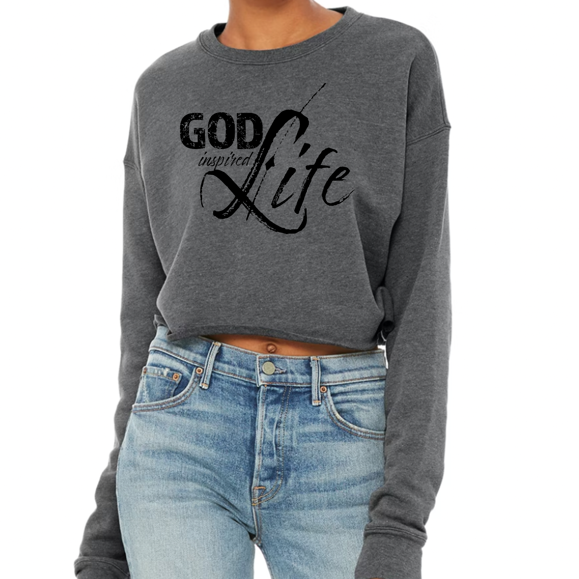 Womens cropped graphic sweatshirt in black featuring the 'God Inspired Life' inspirational quote print, showcasing a relaxed fit and stylish design.