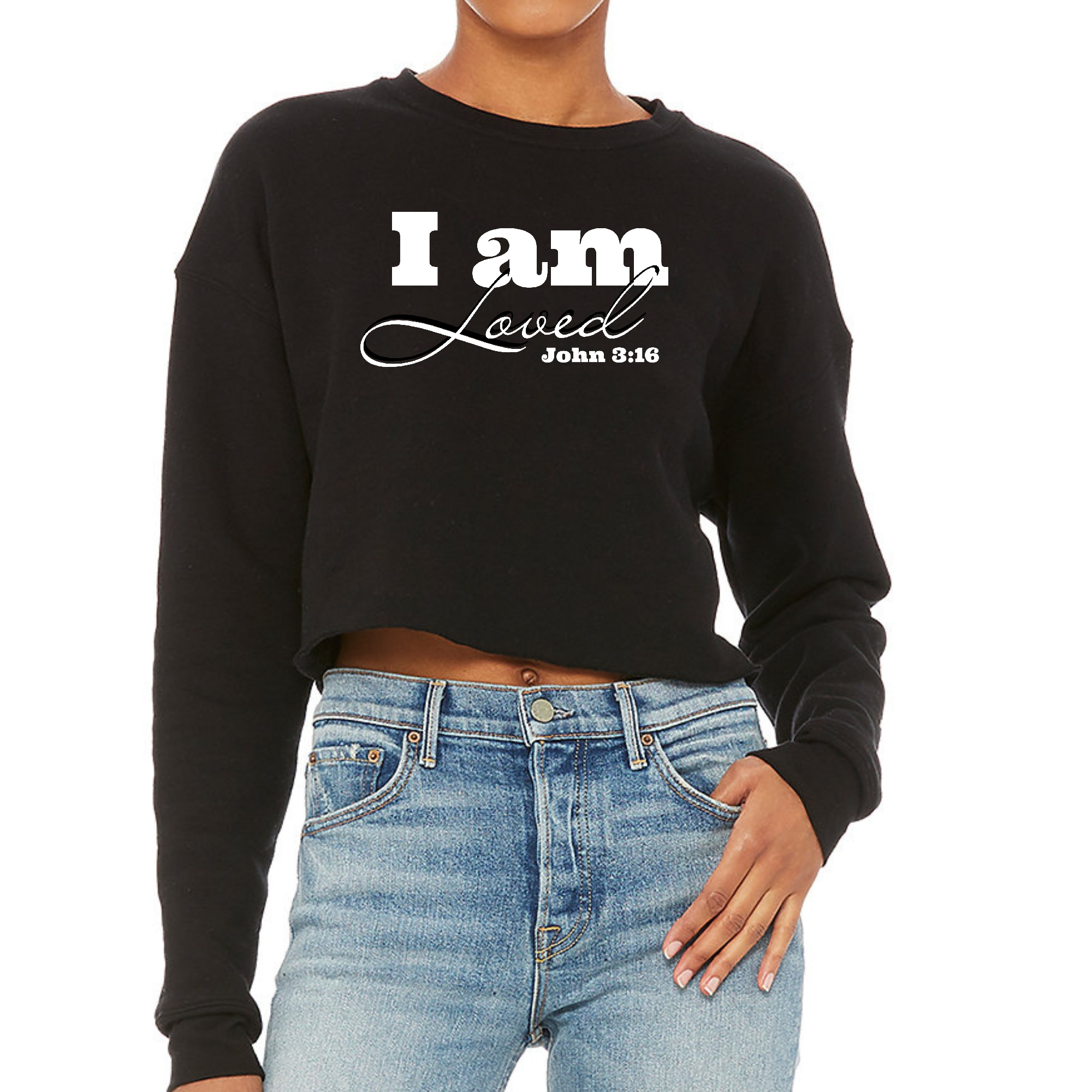Women's cropped sweatshirt with John 3:16 graphic illustration, showcasing a stylish and comfortable design.