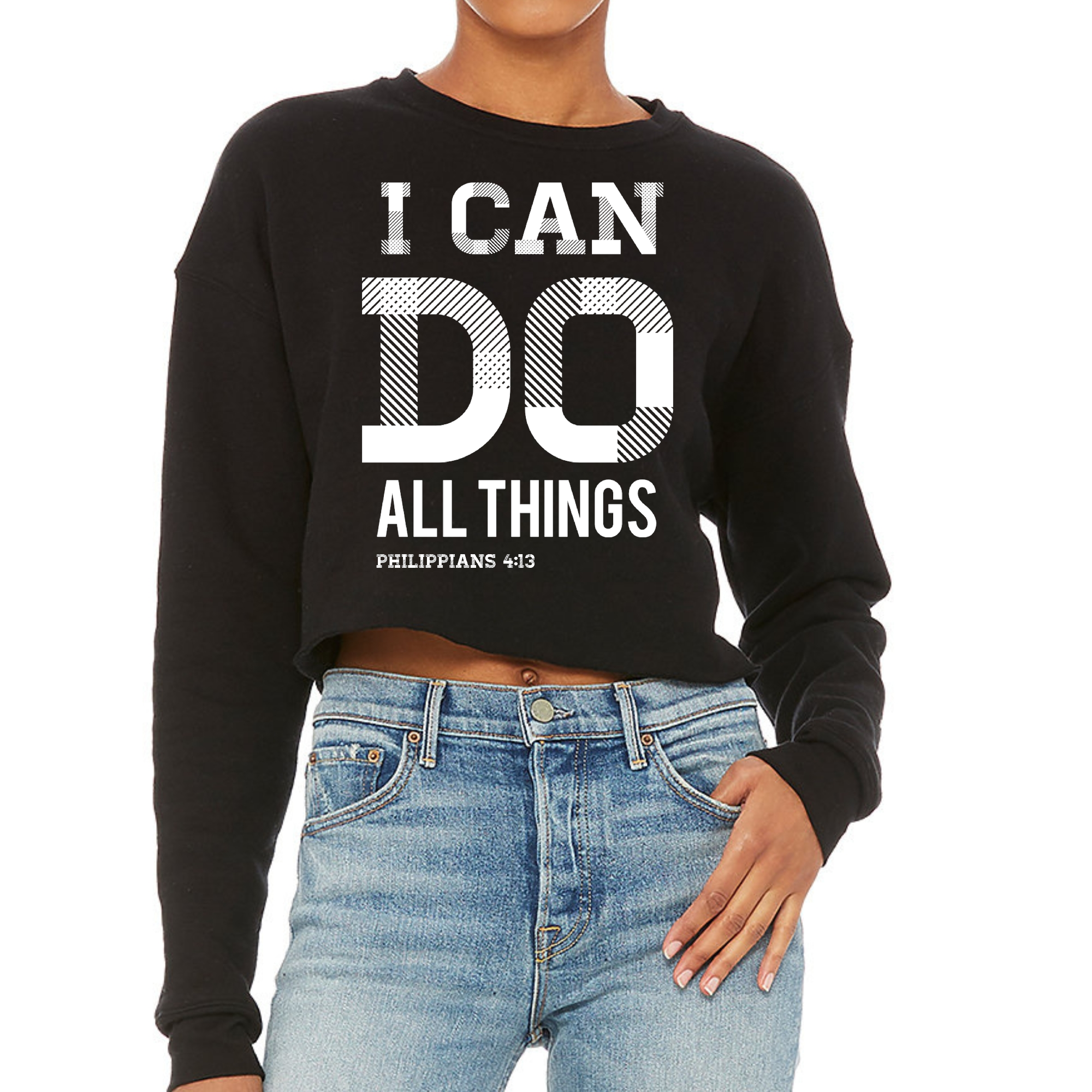 Women's cropped graphic sweatshirt featuring Philippians 4:13 scripture print, showcasing a stylish and comfortable design.