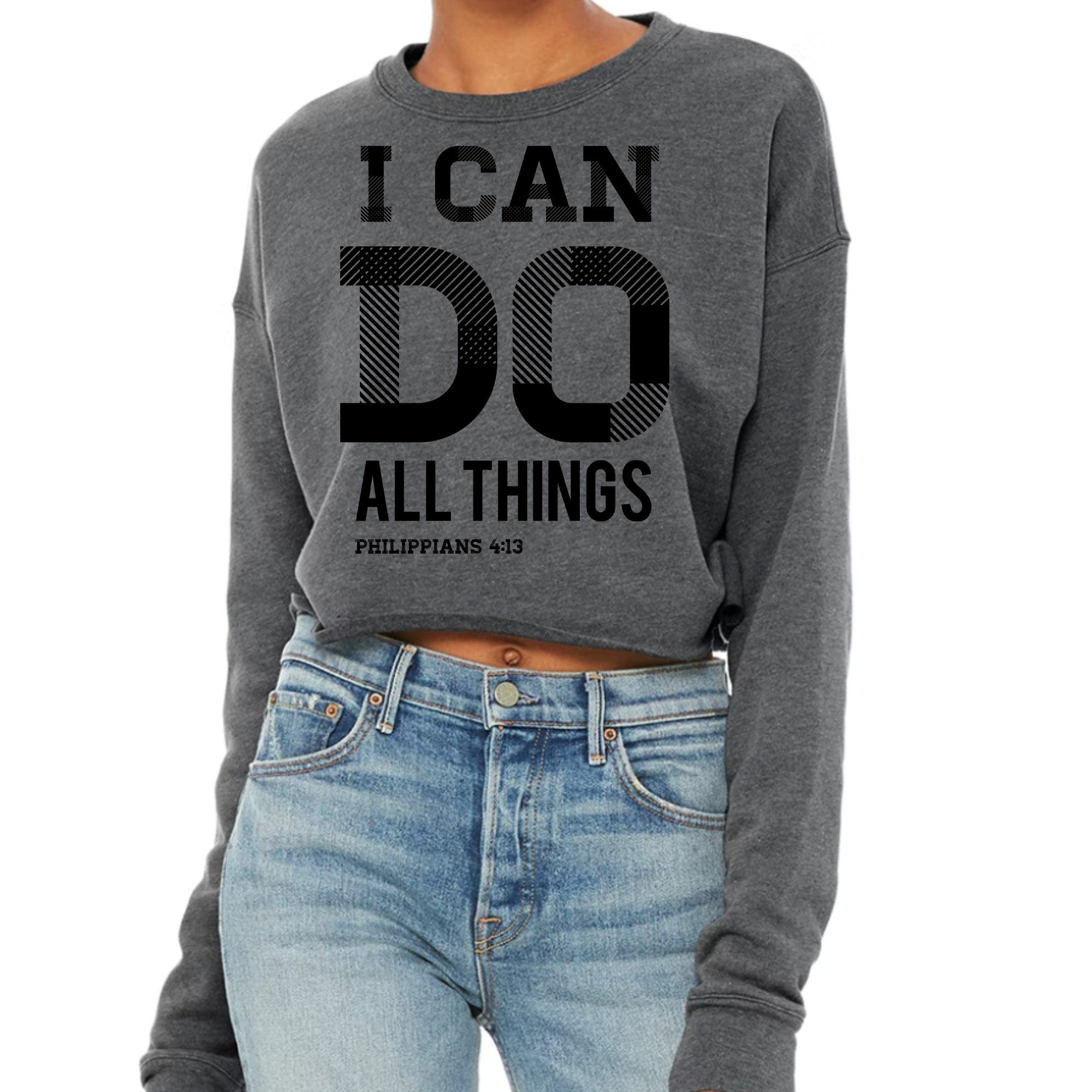 Women's cropped graphic sweatshirt in black featuring Philippians 4:13 scripture print, showcasing a relaxed fit and stylish design.