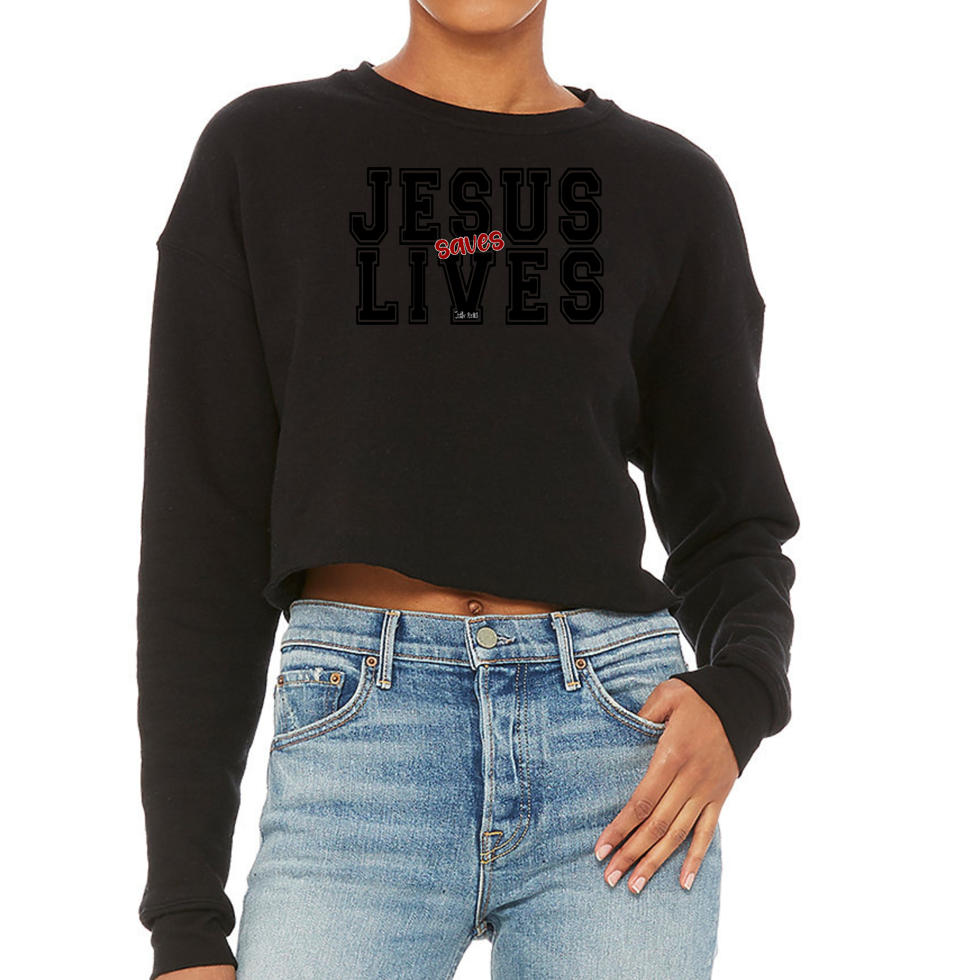 Women's cropped graphic sweatshirt in black and red with 'Jesus Saves Lives' print, featuring a crew neckline and ribbed cuffs.