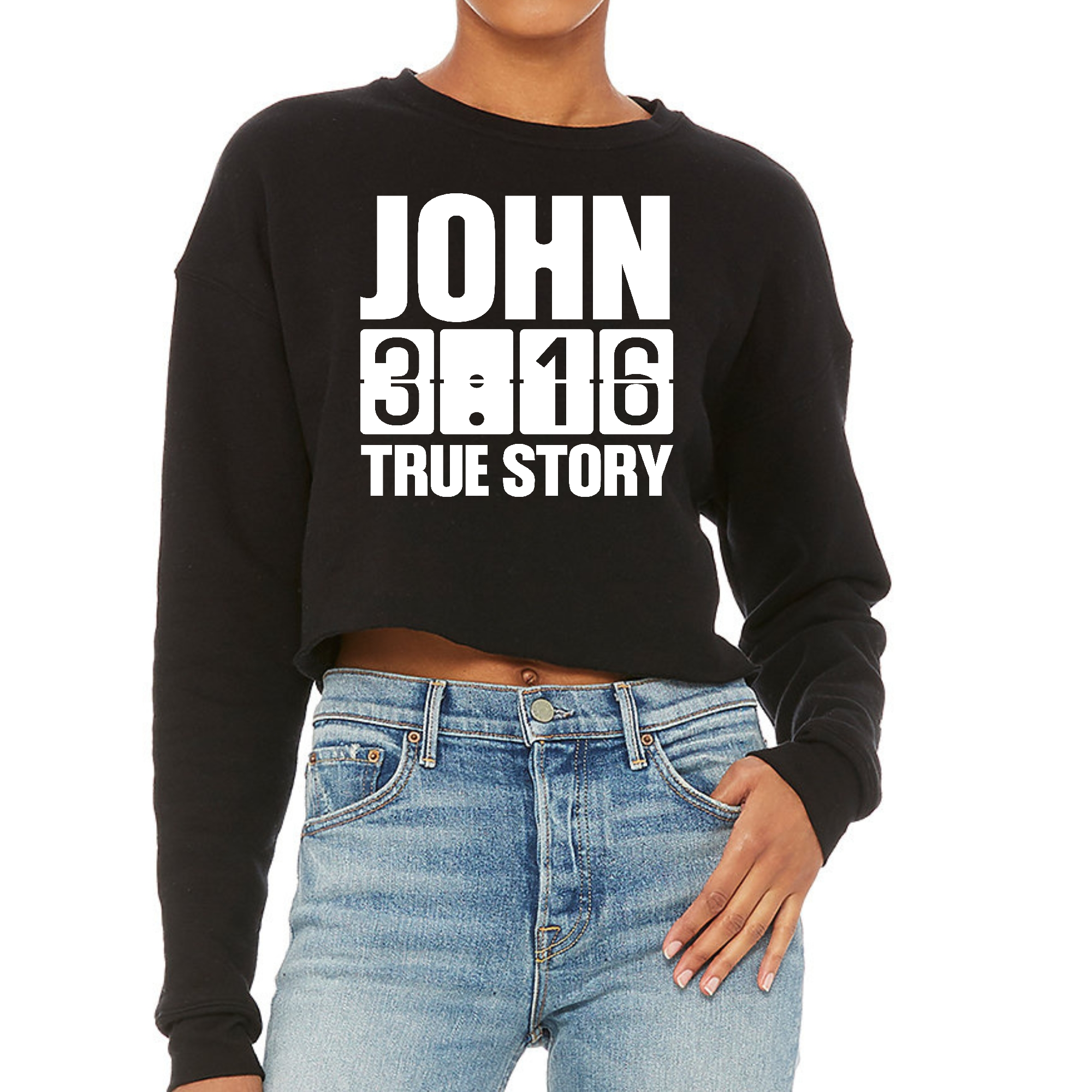Women's cropped graphic sweatshirt featuring John 3:16 True Story print, showcasing a stylish design with a relaxed fit.