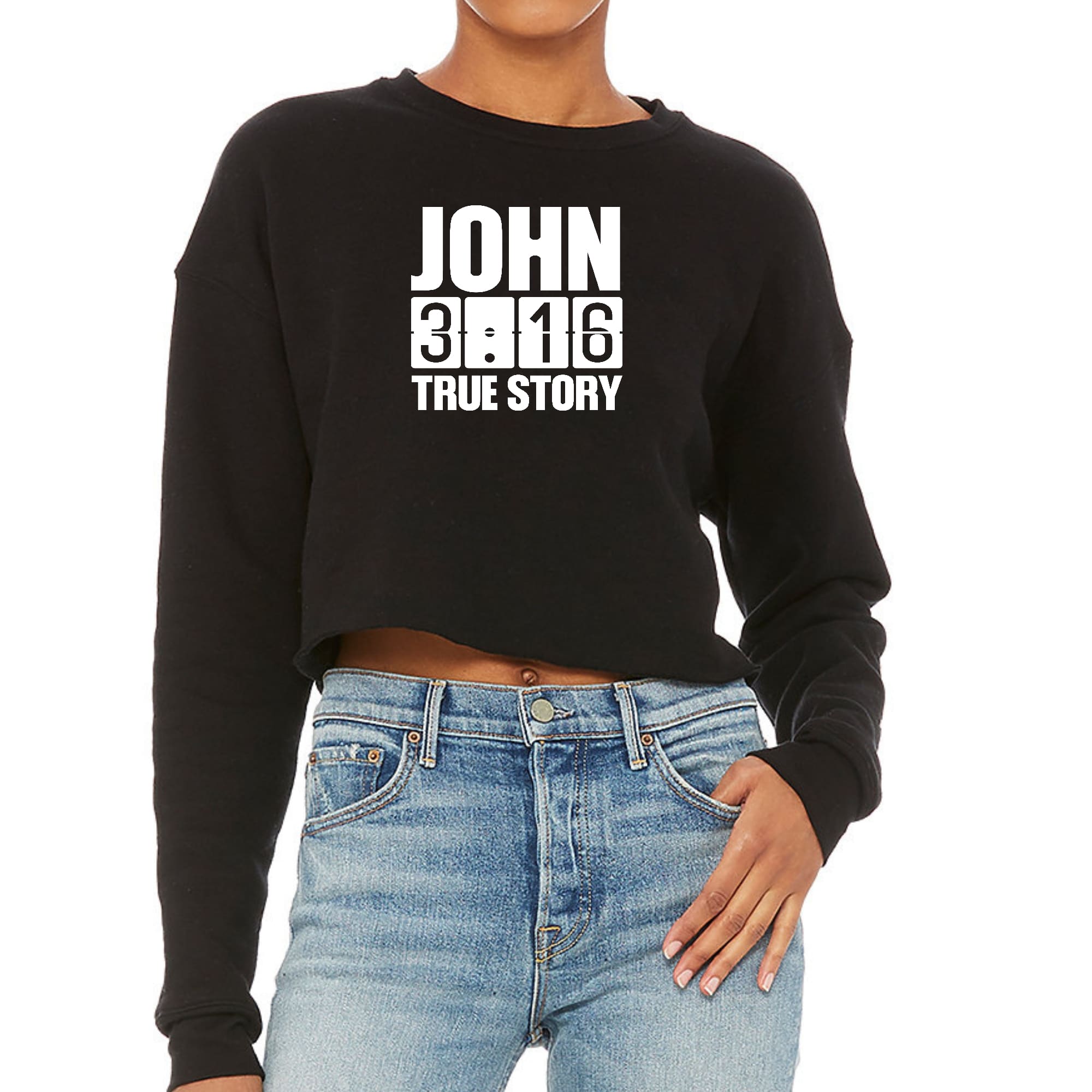 Women's cropped graphic sweatshirt featuring John 3:16 True Story print, showcasing a stylish design with a relaxed fit.