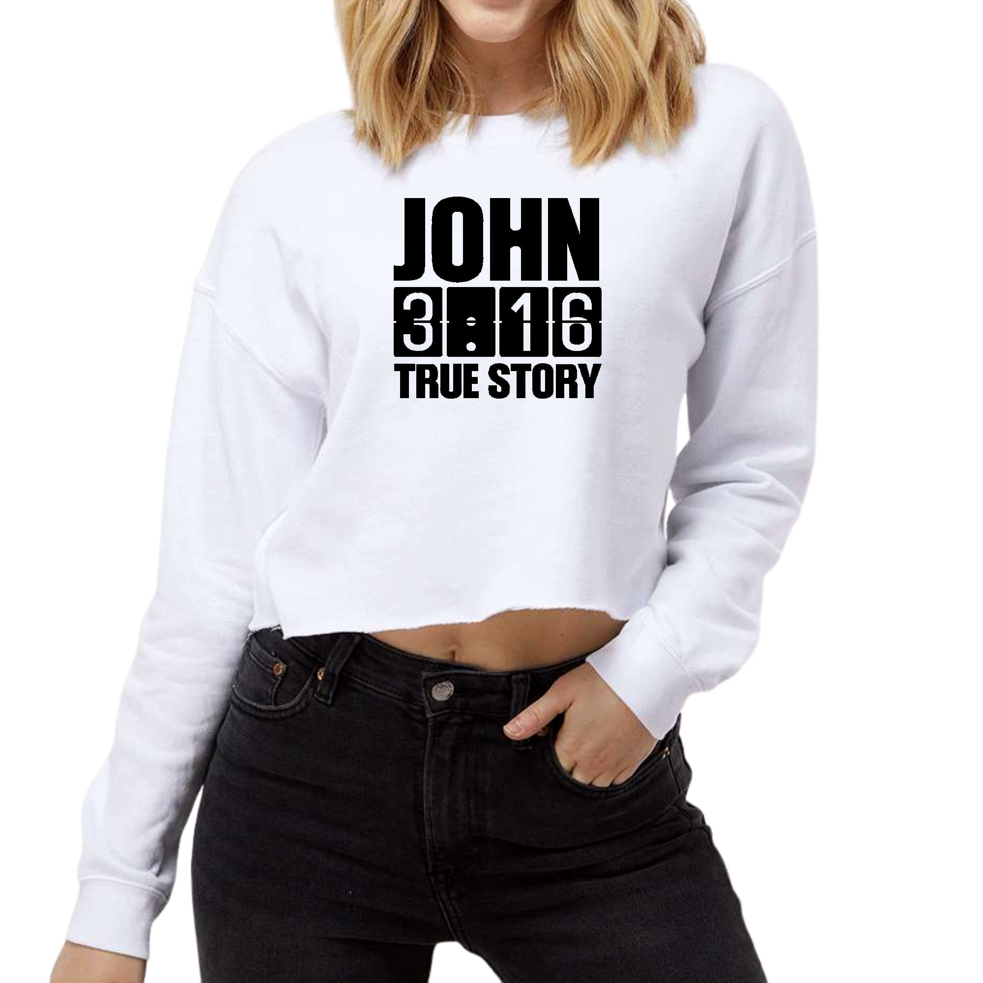 Womens cropped graphic sweatshirt featuring John 3:16 True Story print in black, showcasing a relaxed fit and long sleeves.