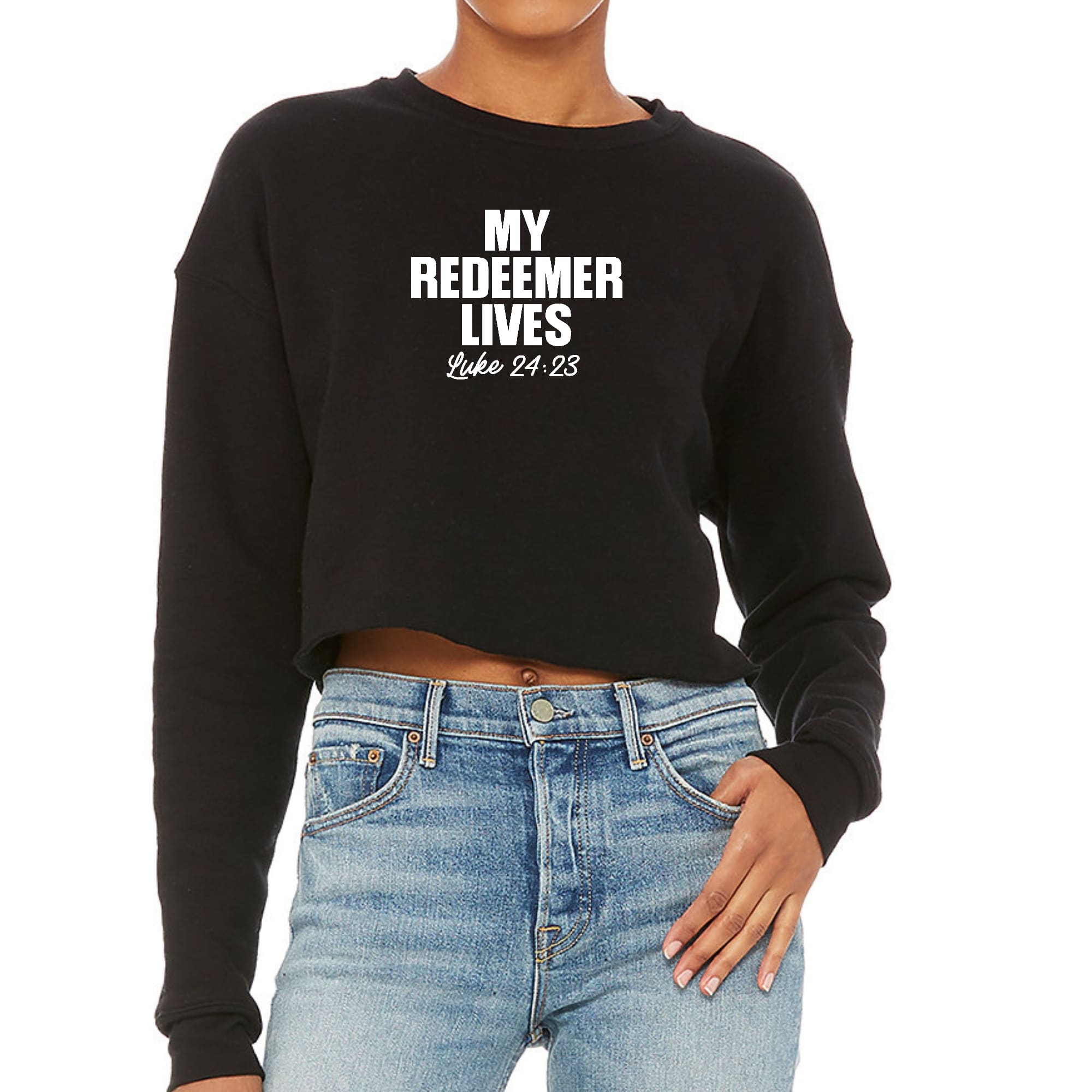 Womens Cropped Graphic Sweatshirt with My Redeemer Lives print, showcasing a cozy fleece design and stylish cropped fit.