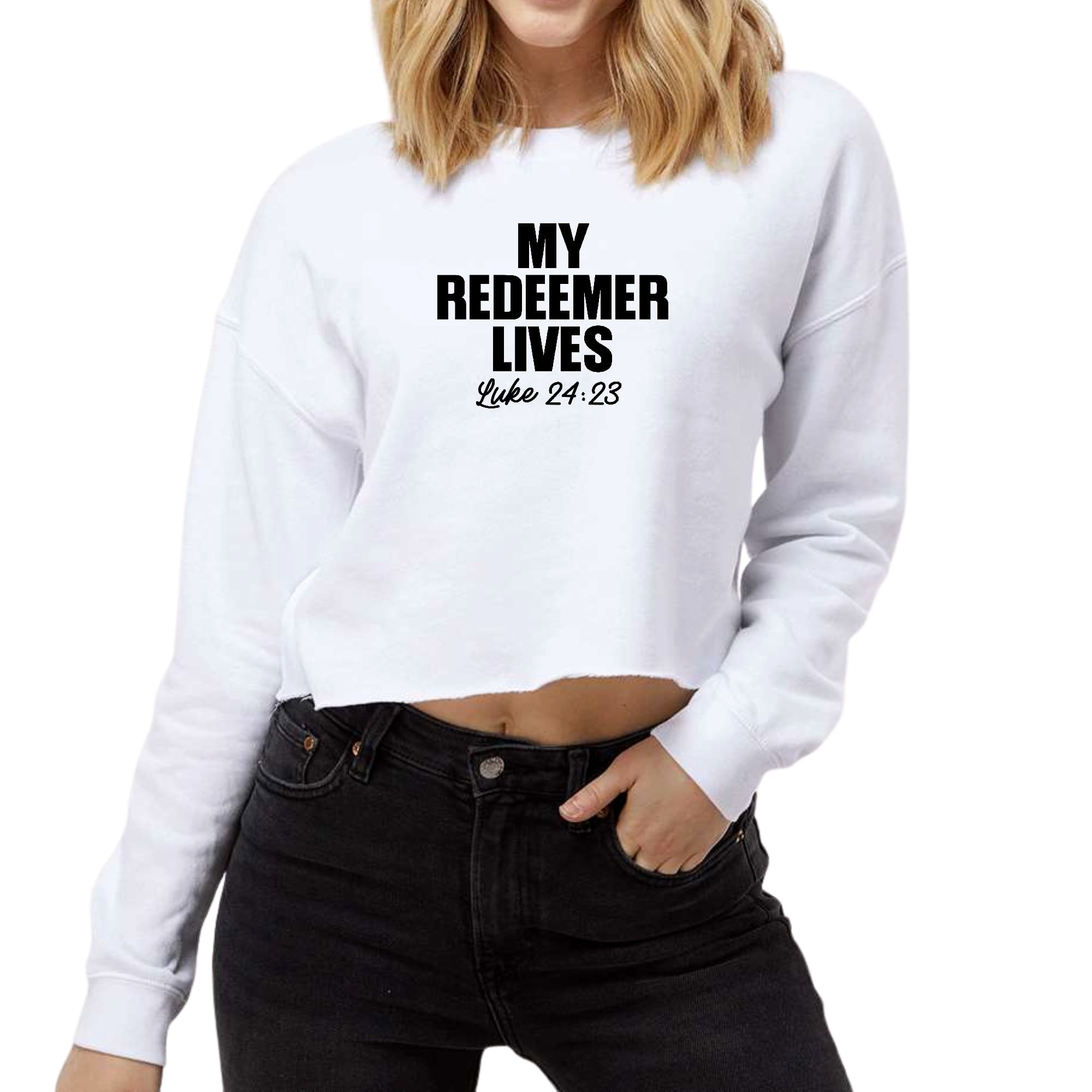 Womens Cropped Graphic Sweatshirt featuring 'My Redeemer Lives' print, showcasing cozy fleece material and stylish cropped design.