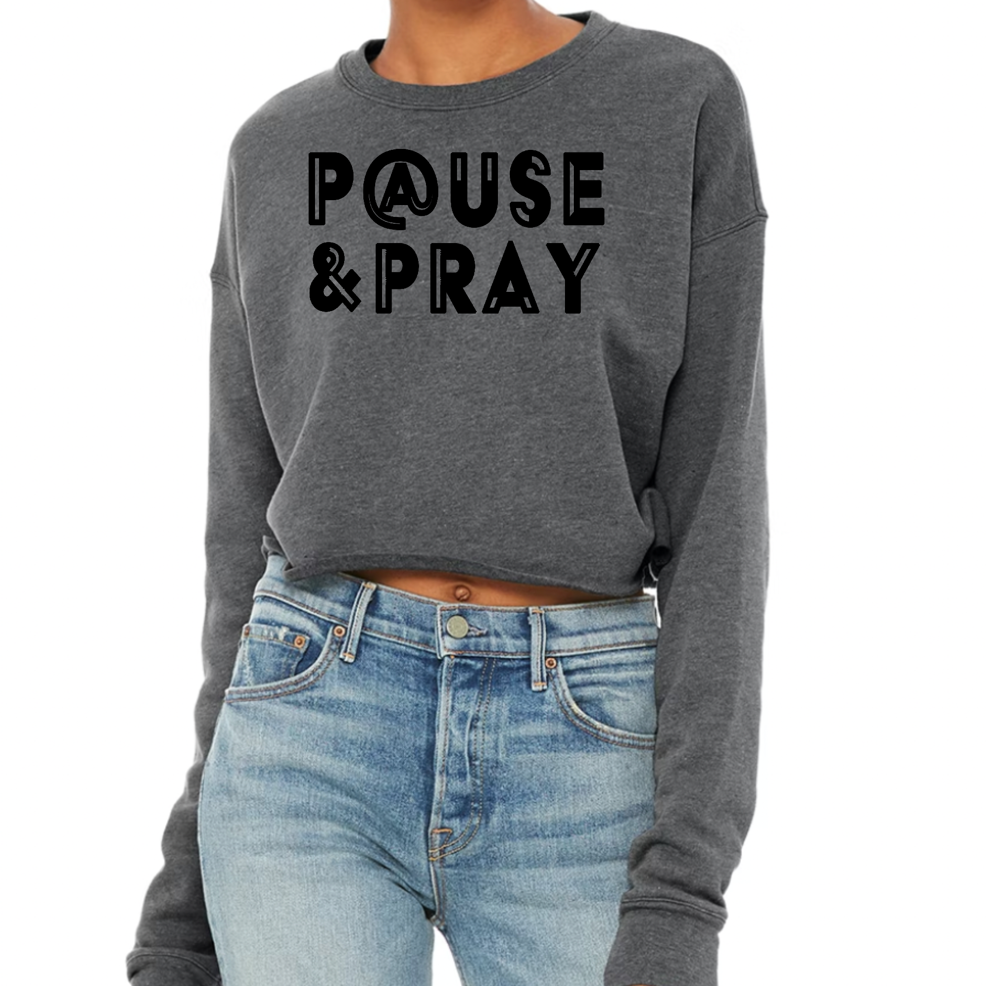 Women's cropped graphic sweatshirt in black featuring a unique illustration, showcasing a stylish and comfortable design.