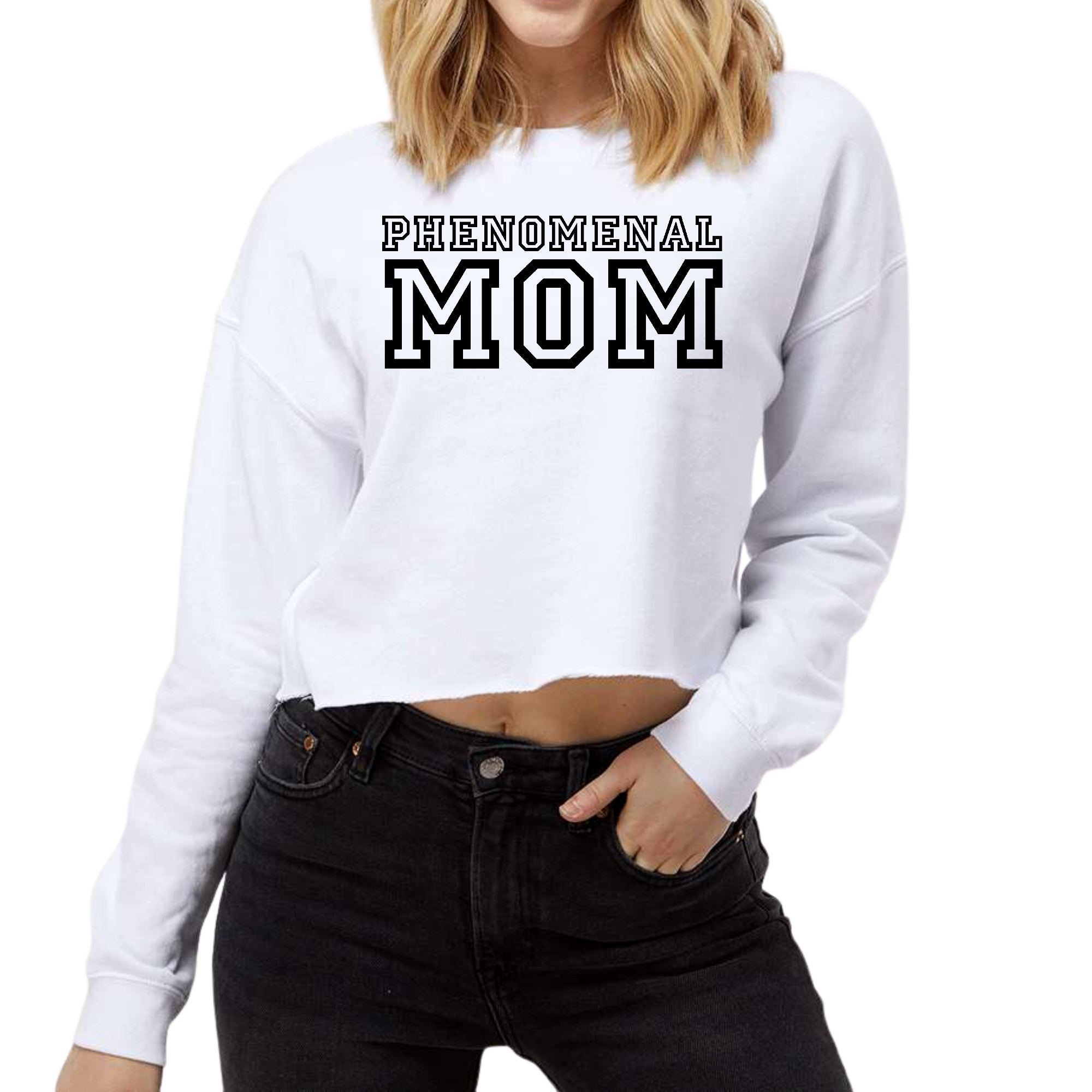 Women's cropped graphic sweatshirt in heather grey with Phenomenal Mom print, showcasing a stylish and comfortable design.