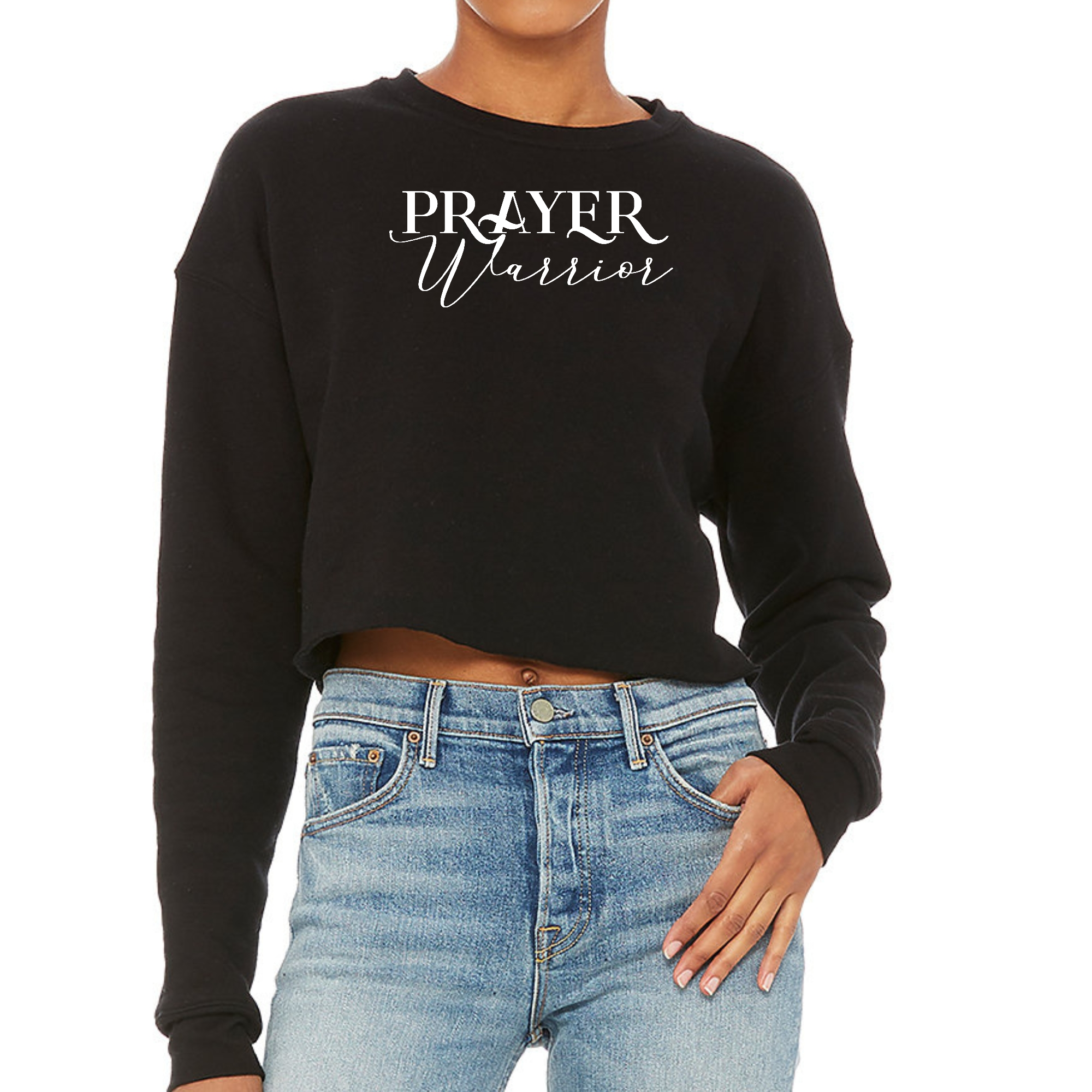Women's Cropped Graphic Sweatshirt in heather grey featuring Prayer Warrior script design, showcasing a stylish and comfortable fit.