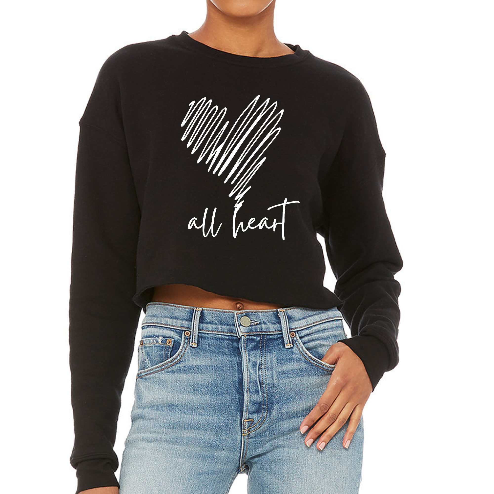 Women's cropped graphic sweatshirt in heather grey featuring 'Say it Soul - All Heart' line art design, showcasing a stylish and comfortable fit.