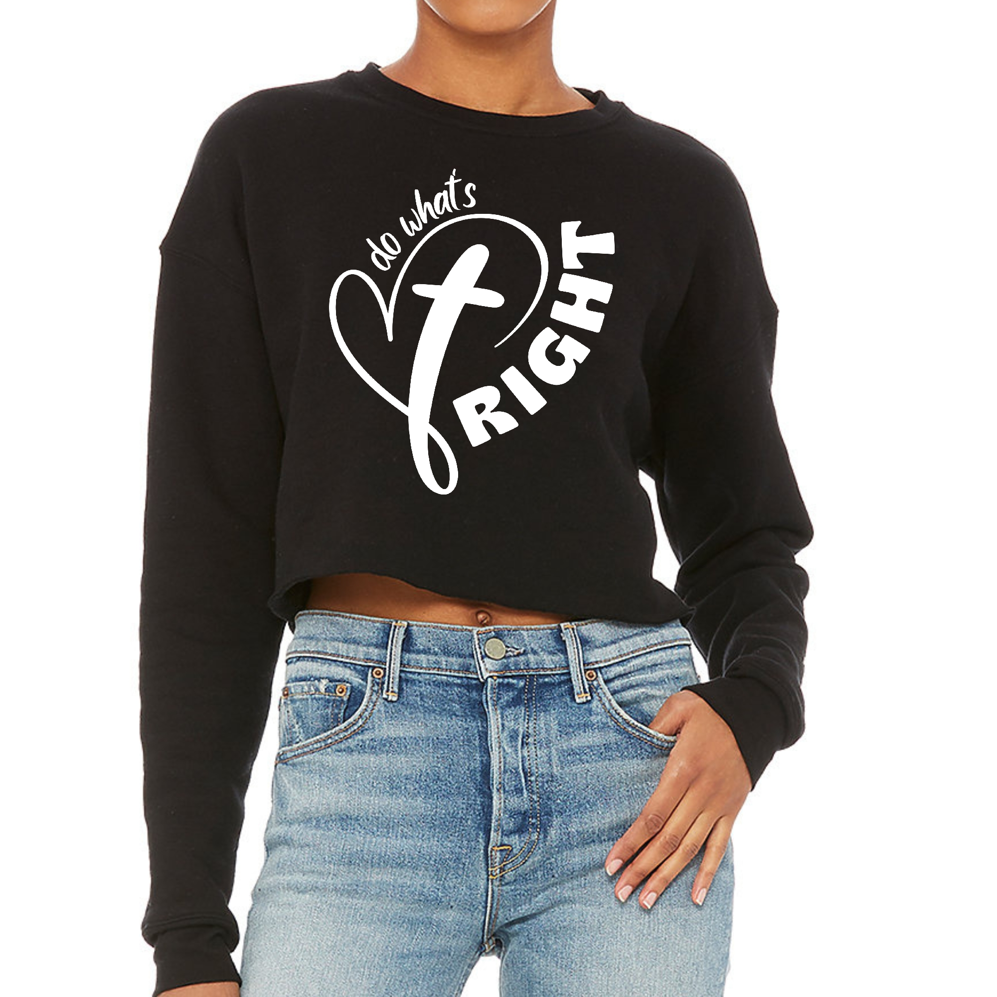 Womens Cropped Graphic Sweatshirt featuring a stylish design with the text 'Say it Soul - do What's Right' in a comfortable fit.