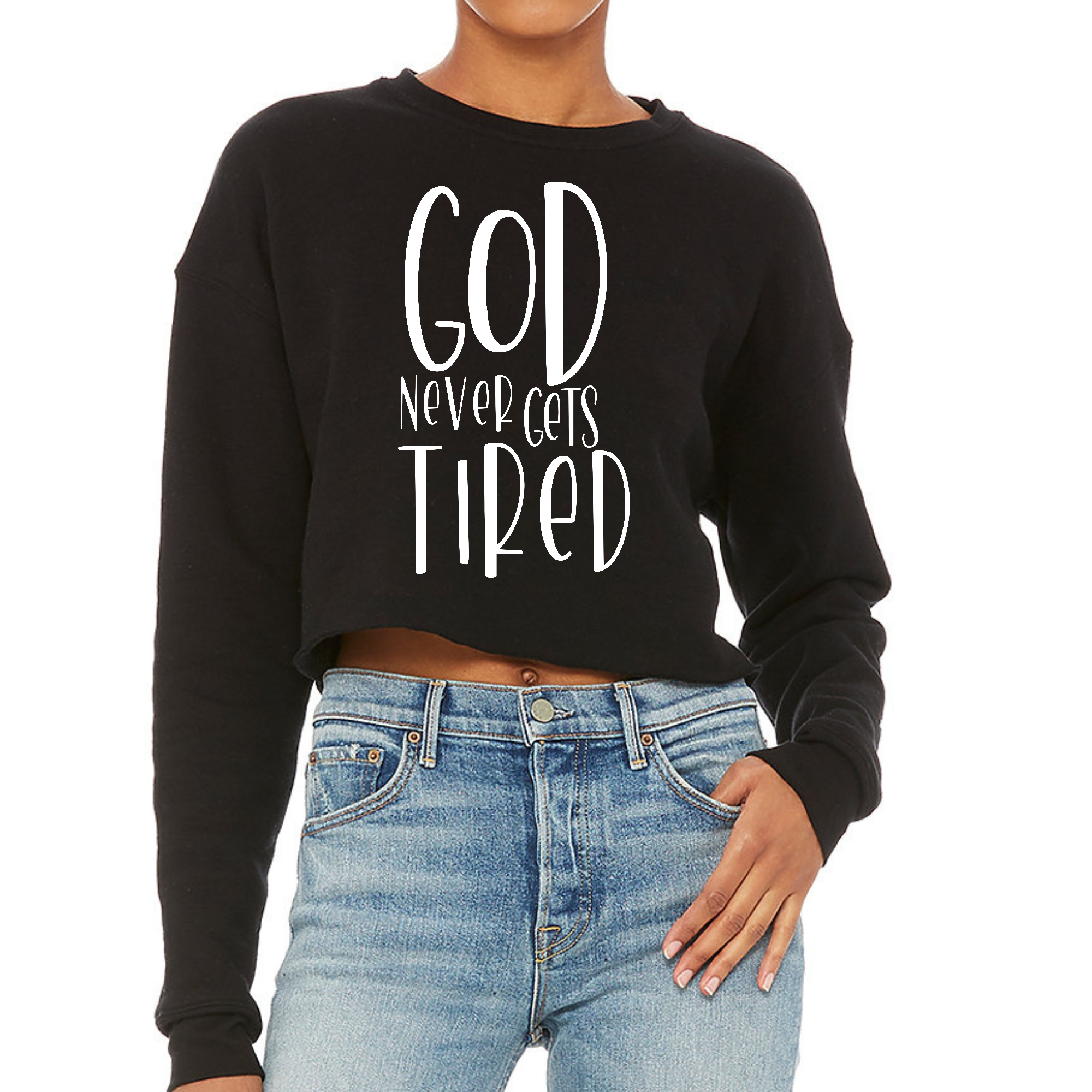 Womens cropped graphic sweatshirt featuring the quote 'God Never Gets Tired' in stylish design, perfect for casual wear.