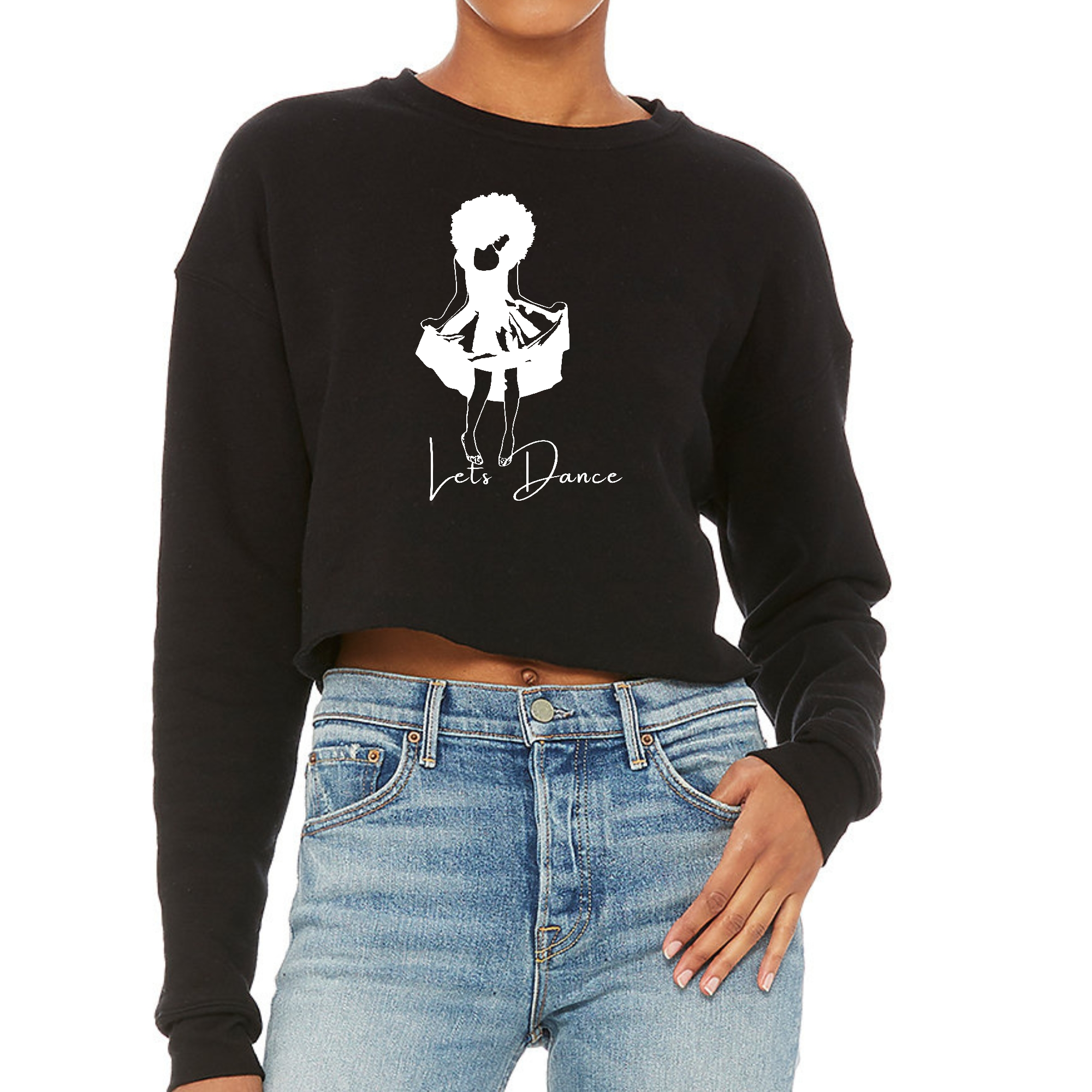 Womens Cropped Graphic Sweatshirt in white with 'Say It Soul, Let's Dance' line art print, showcasing a stylish and cozy design.