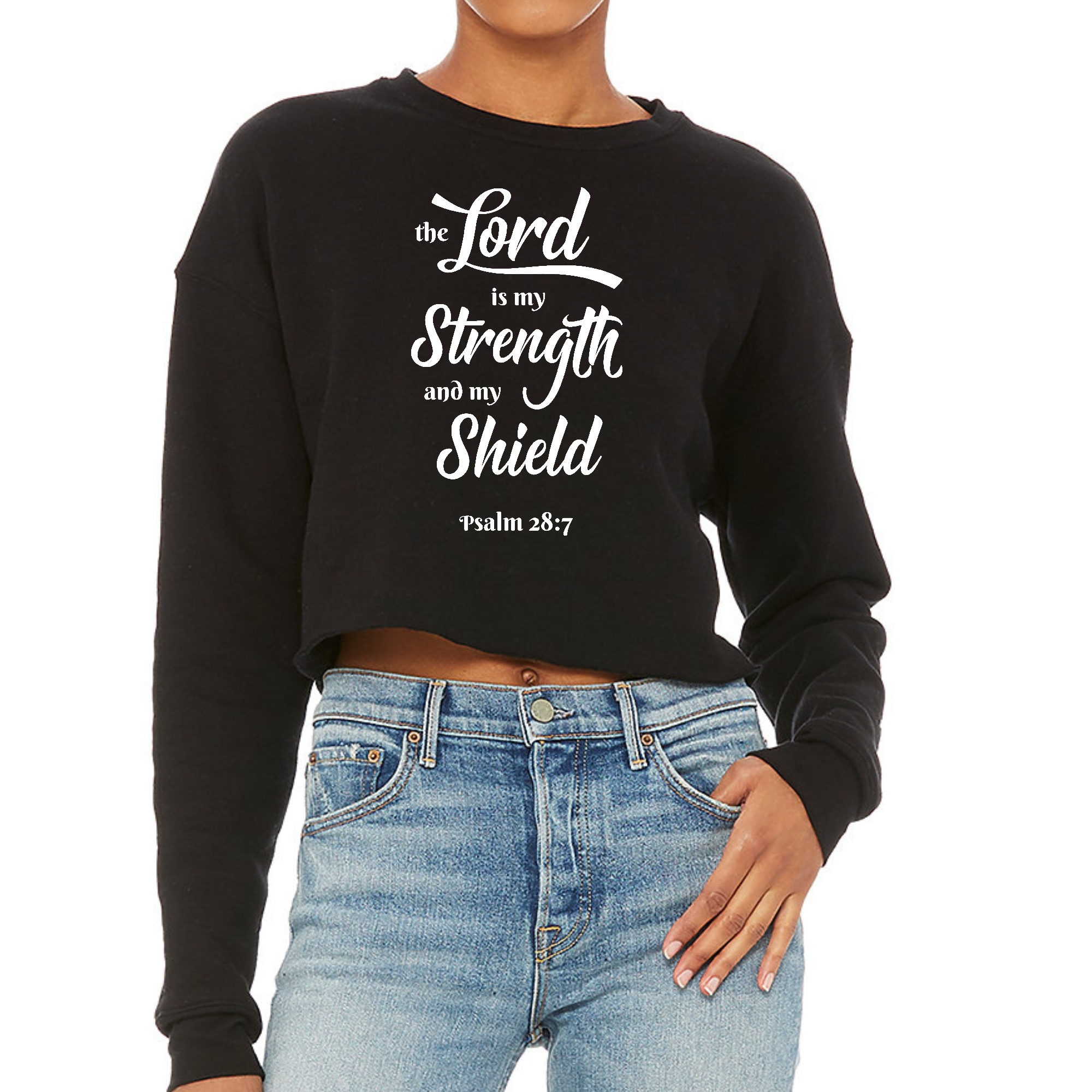 Womens Cropped Graphic Sweatshirt with 'The Lord is my Strength' print, showcasing a cozy fleece design and stylish cropped fit.