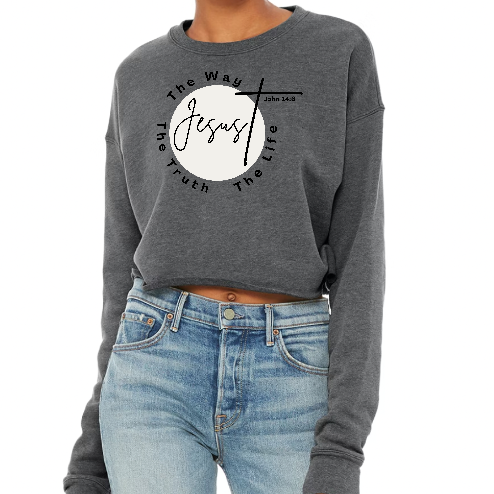 Women's cropped graphic sweatshirt in black featuring 'The Truth The Way The Life' design, showcasing a relaxed fit and long sleeves.