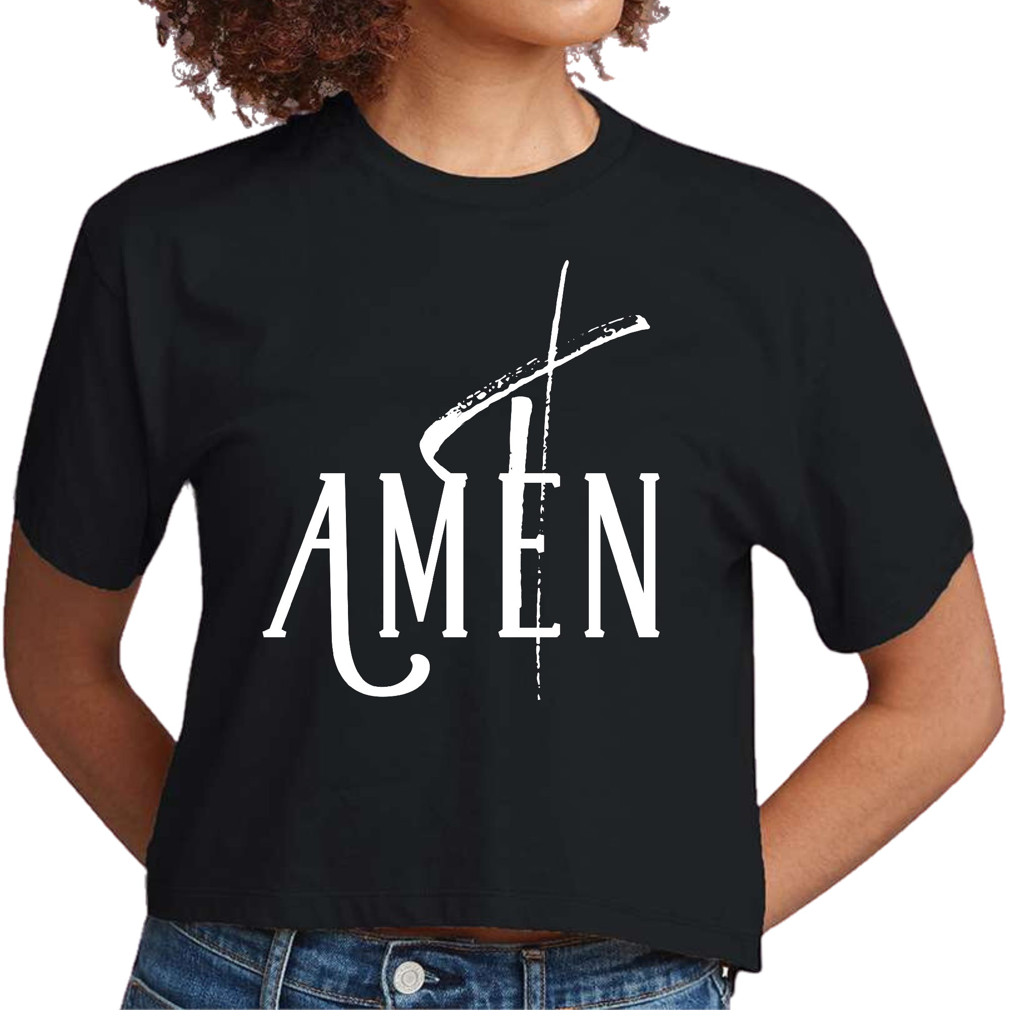 Womens Cropped Graphic T-shirt featuring AMEN White Print, showcasing a stylish and unique design perfect for creative individuals.