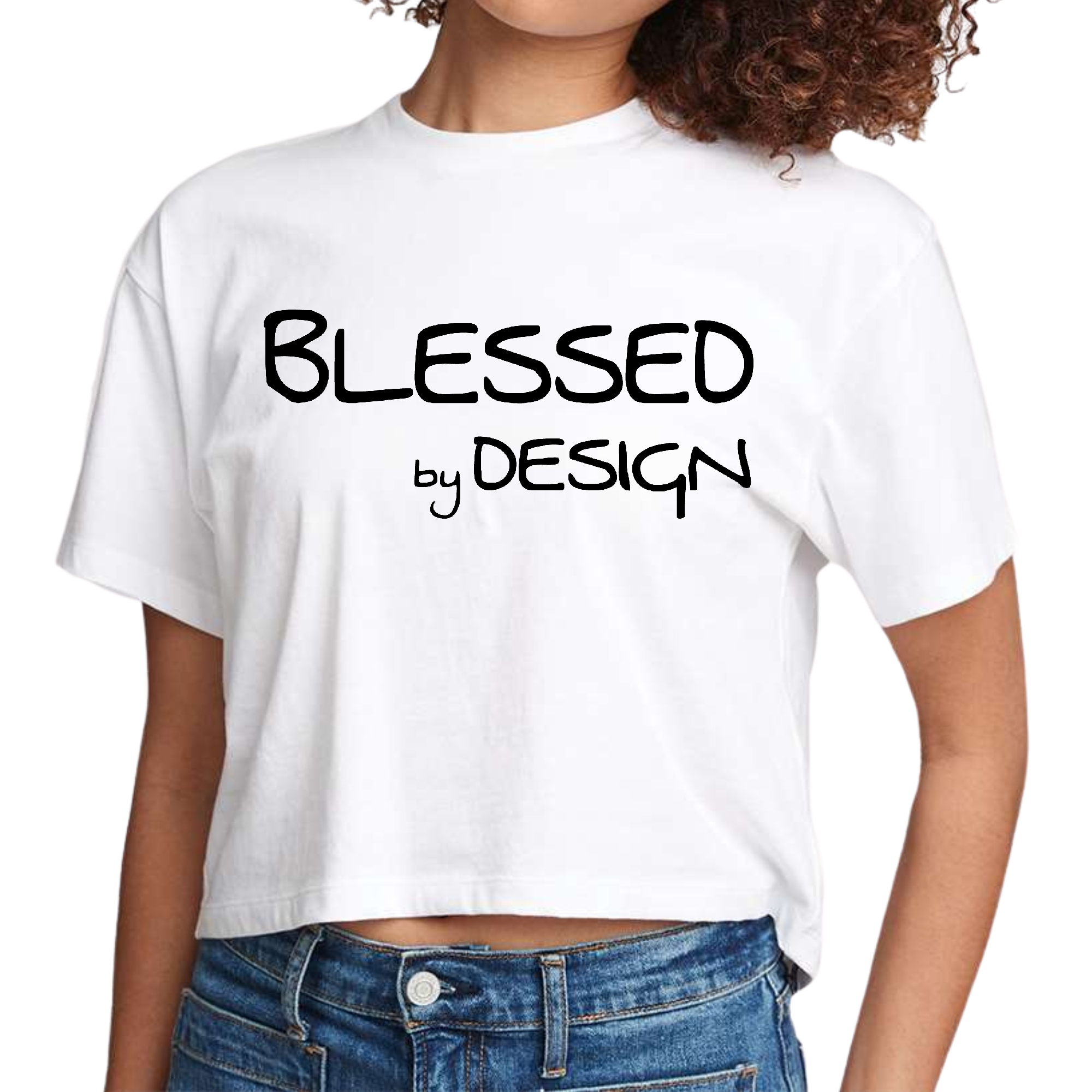 Womens Cropped Graphic T-shirt in black featuring the phrase 'Blessed by Design' in an inspirational graphic print.