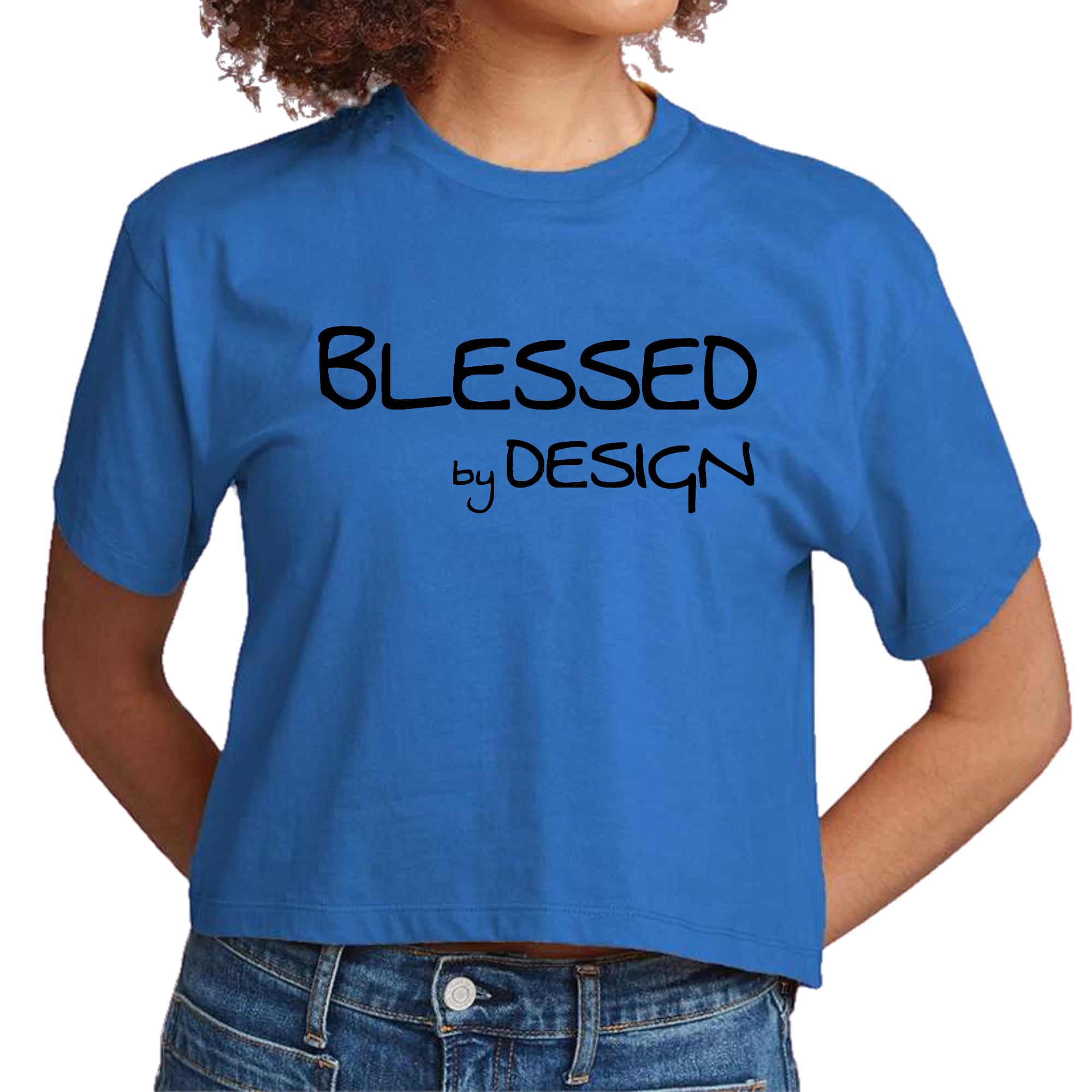 Womens Cropped Graphic T-shirt in black featuring the phrase 'Blessed by Design' in an inspirational graphic print.