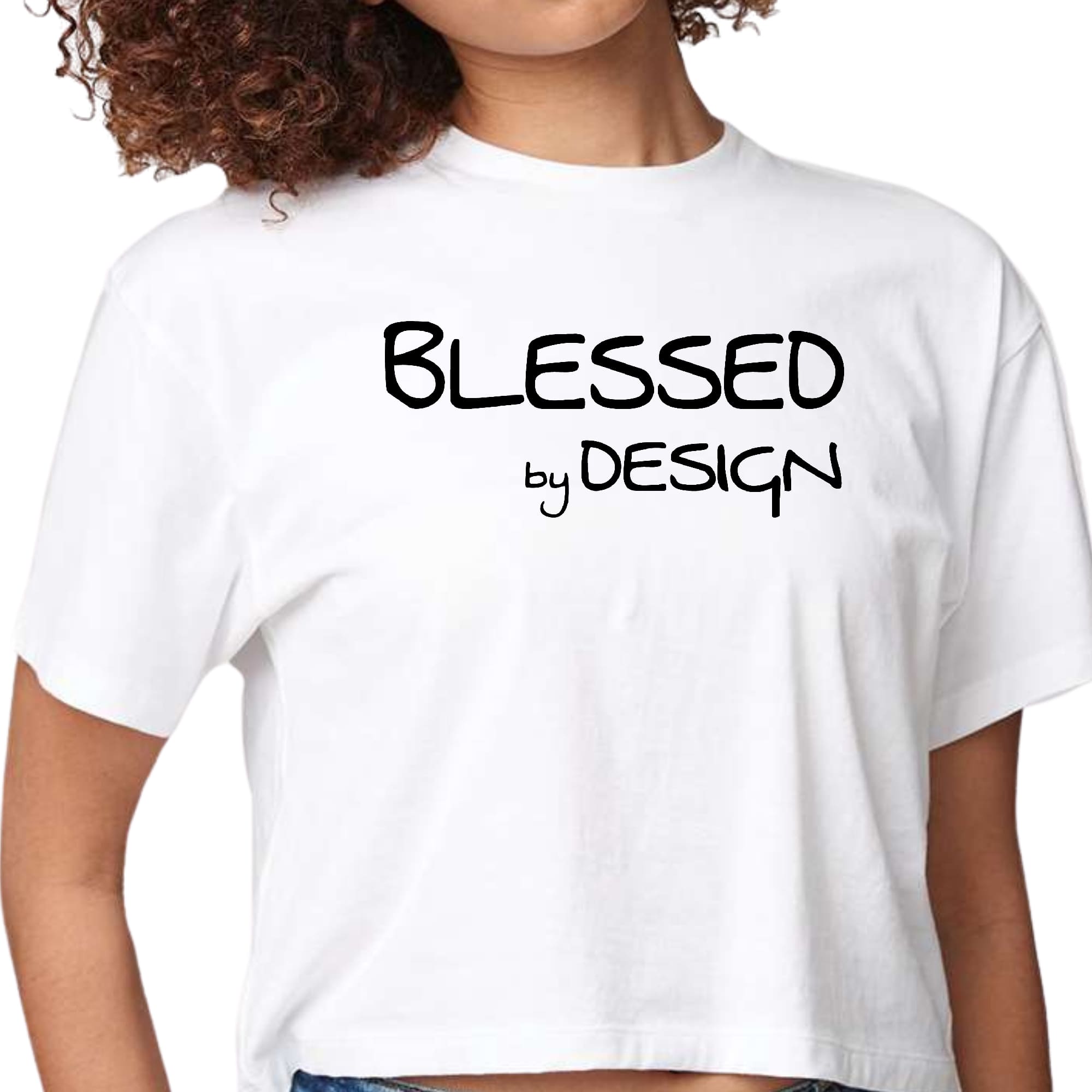 Womens Cropped Graphic T-shirt in black featuring the phrase 'Blessed by Design' in an inspirational graphic print.