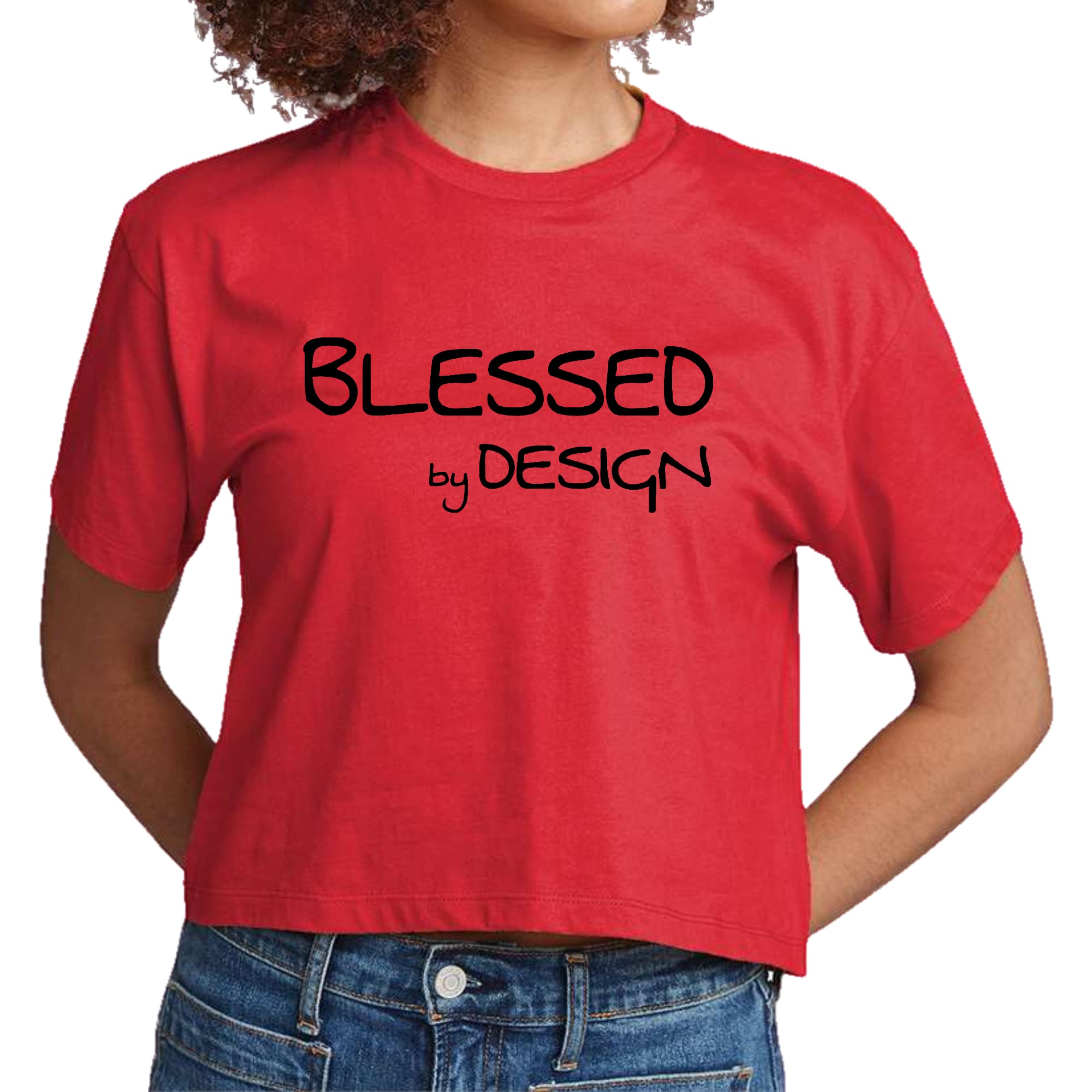Womens Cropped Graphic T-shirt in black featuring the phrase 'Blessed by Design' in an inspirational graphic print.