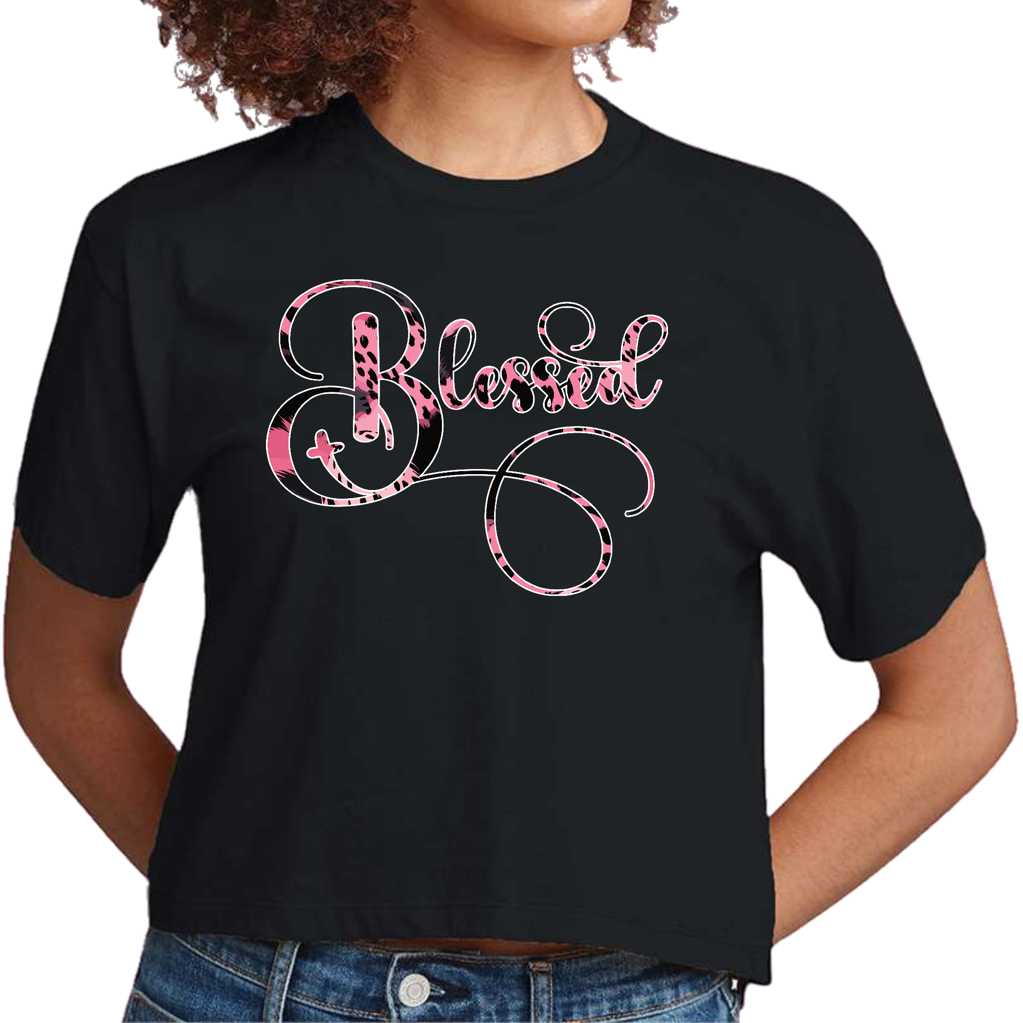 Womens Cropped Graphic T-shirt in Blessed Pink and Black Patterned design, showcasing a stylish graphic illustration on soft cotton fabric.