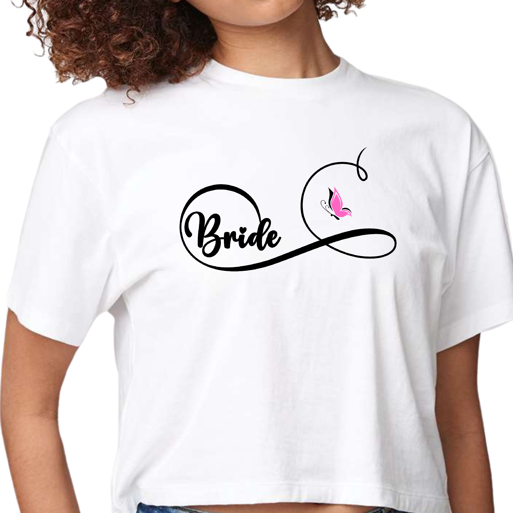 Womens cropped graphic t-shirt featuring a bridal butterfly illustration, perfect for wedding celebrations.
