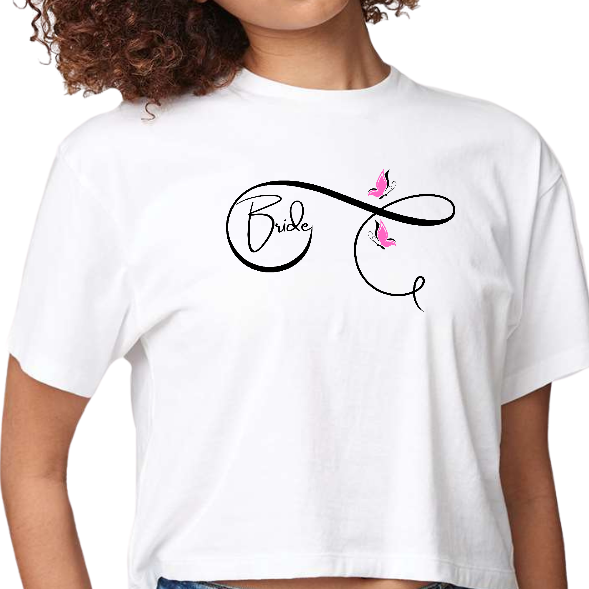 Womens cropped graphic t-shirt featuring a pink butterfly design, perfect for brides and wedding celebrations.