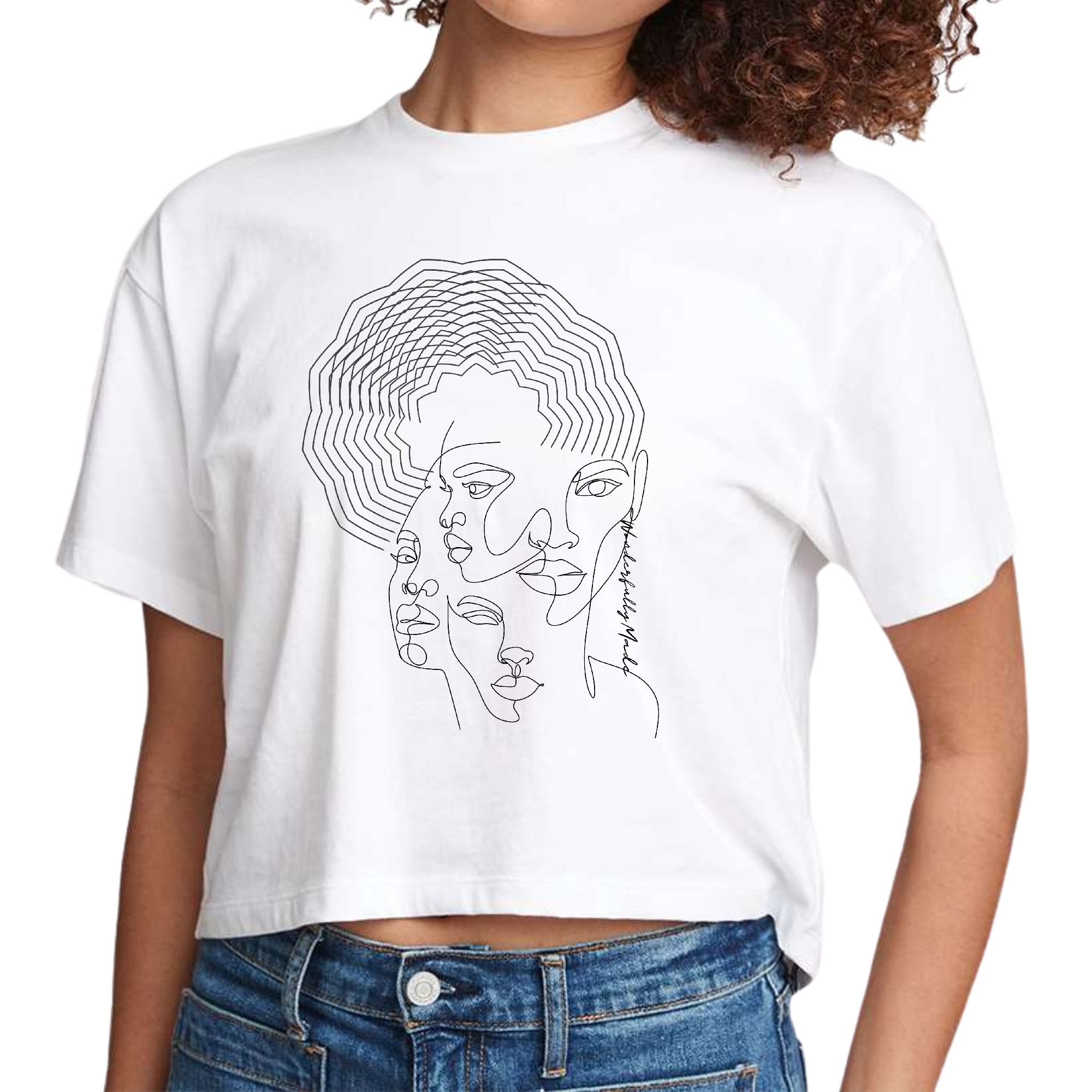 Womens Cropped Graphic T-shirt in black featuring the text 'Every Woman is Wonderfully Made', showcasing a stylish and comfortable design.