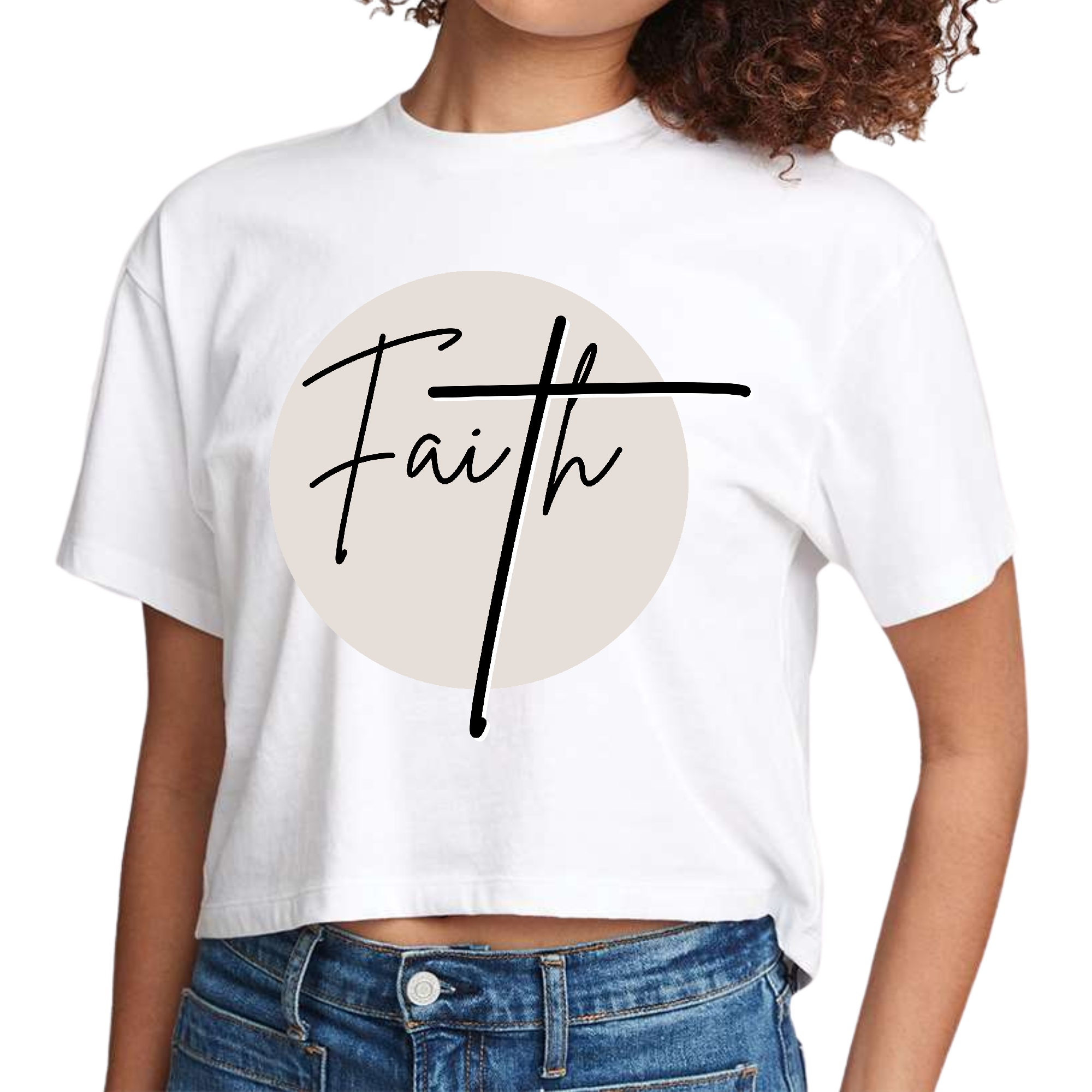 Women's cropped graphic t-shirt in black and beige featuring a Faith Christian affirmation design, made from soft preshrunk cotton.