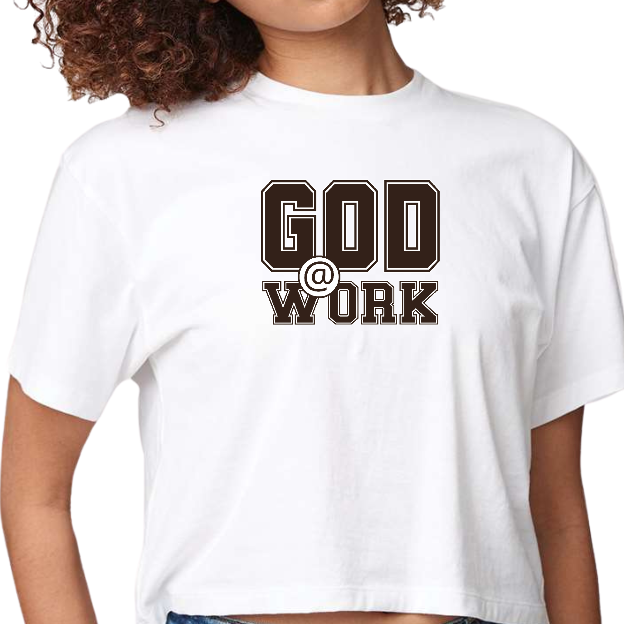 Womens Cropped Graphic T-shirt featuring God @ Work brown and white print, showcasing its stylish design and soft fabric.