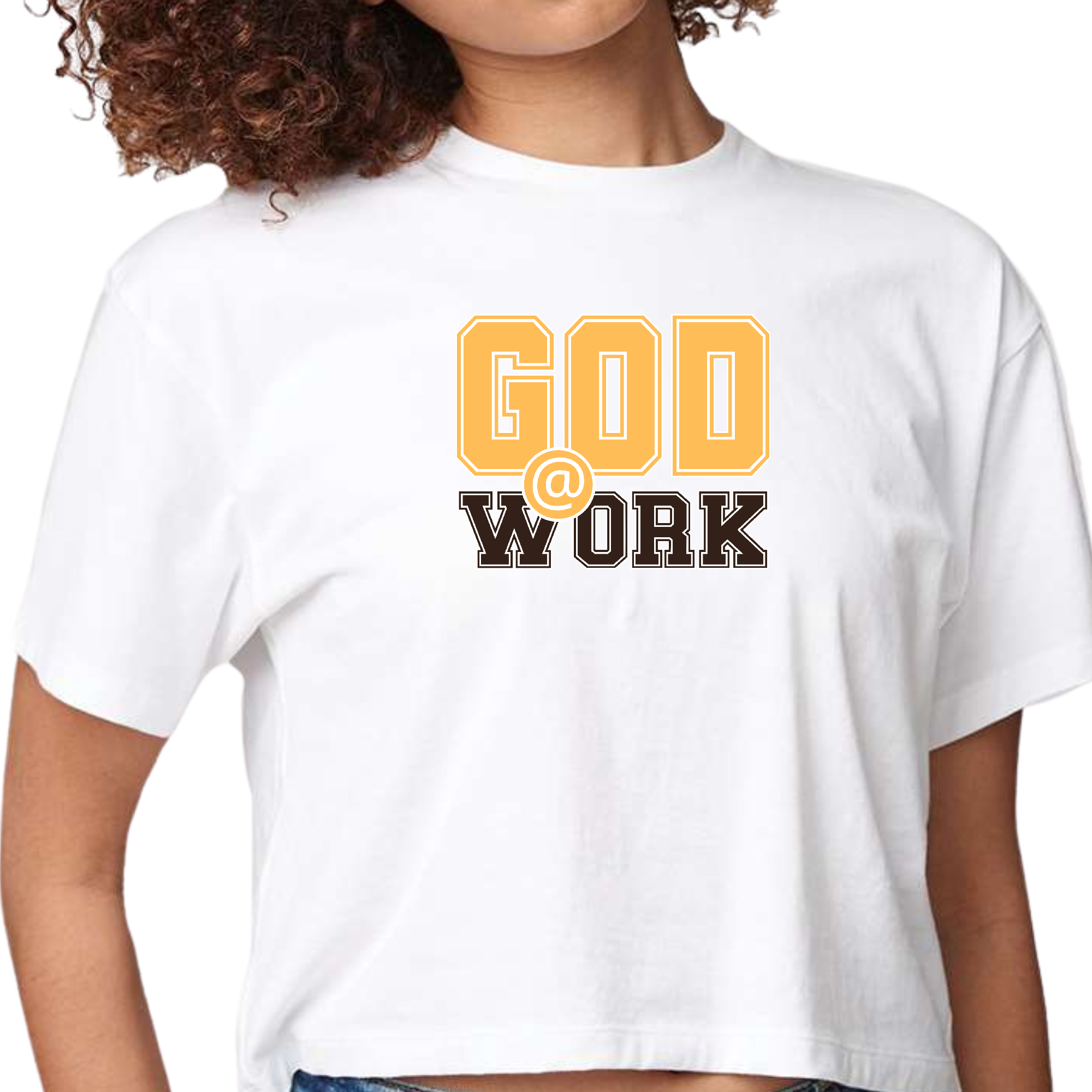 Women's cropped graphic t-shirt in golden yellow and brown with 'God @ Work' print, showcasing a stylish and comfortable design.