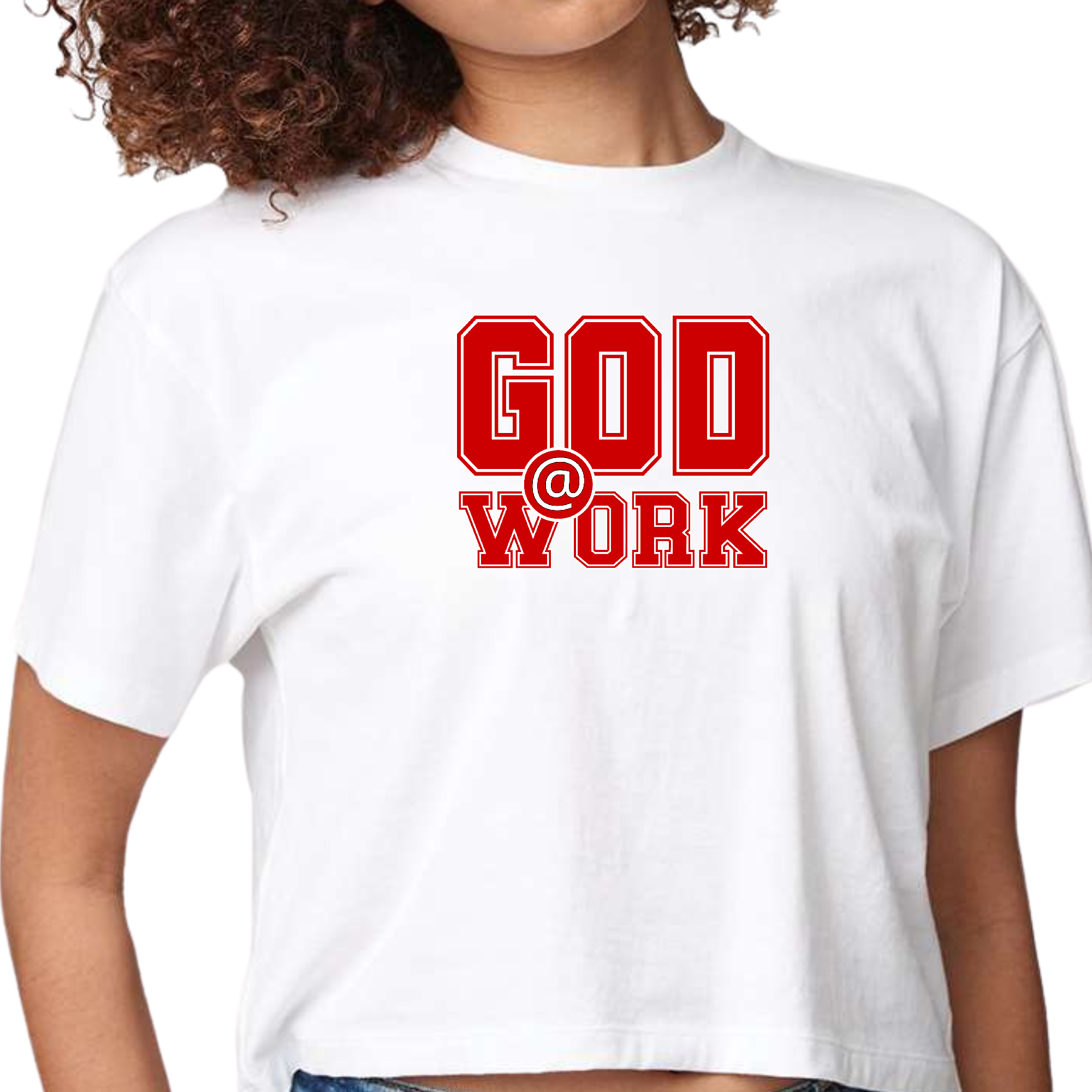 Women's cropped graphic T-shirt in red and white with God @ Work print, showcasing a stylish and comfortable design.