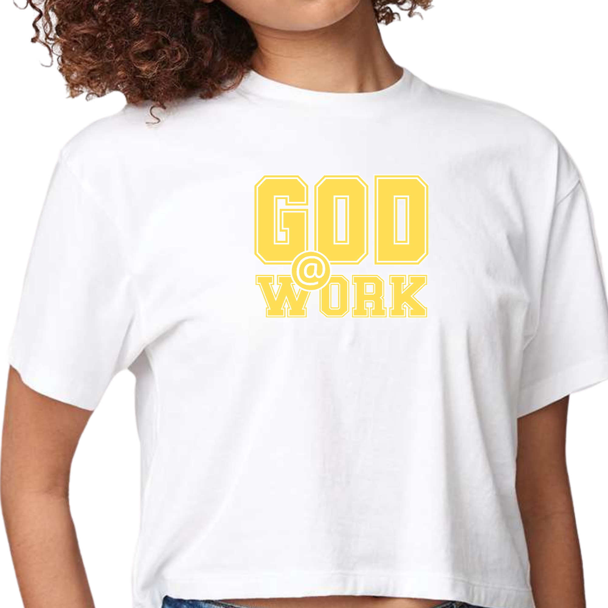 Women's Cropped Graphic T-shirt in yellow and white with 'God @ Work' print, showcasing a stylish and comfortable design.