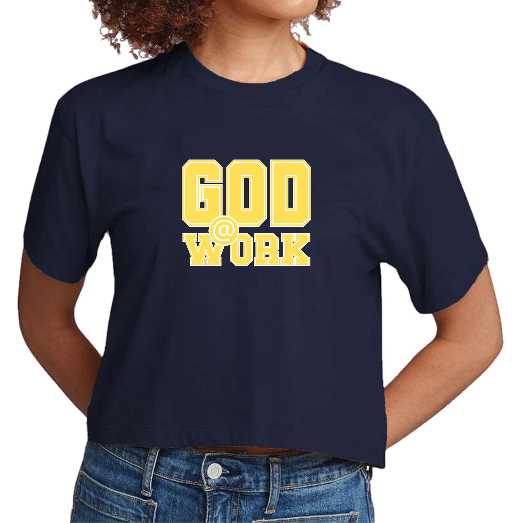 Women's Cropped Graphic T-shirt in yellow and white with 'God @ Work' print, showcasing a stylish and comfortable design.
