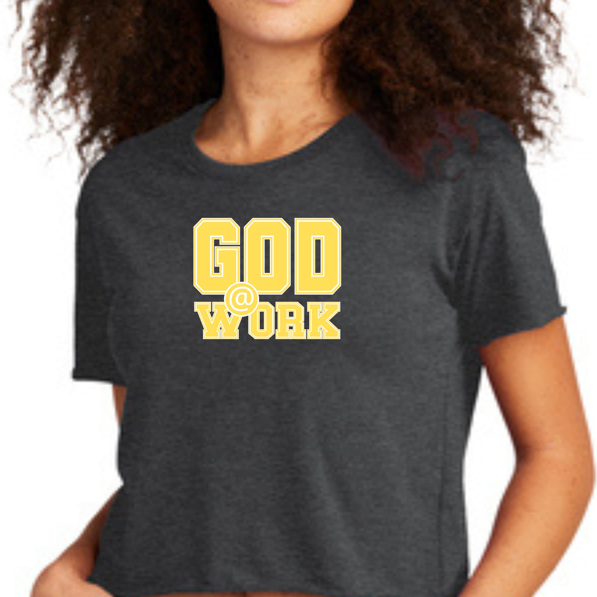 Women's Cropped Graphic T-shirt in yellow and white with 'God @ Work' print, showcasing a stylish and comfortable design.