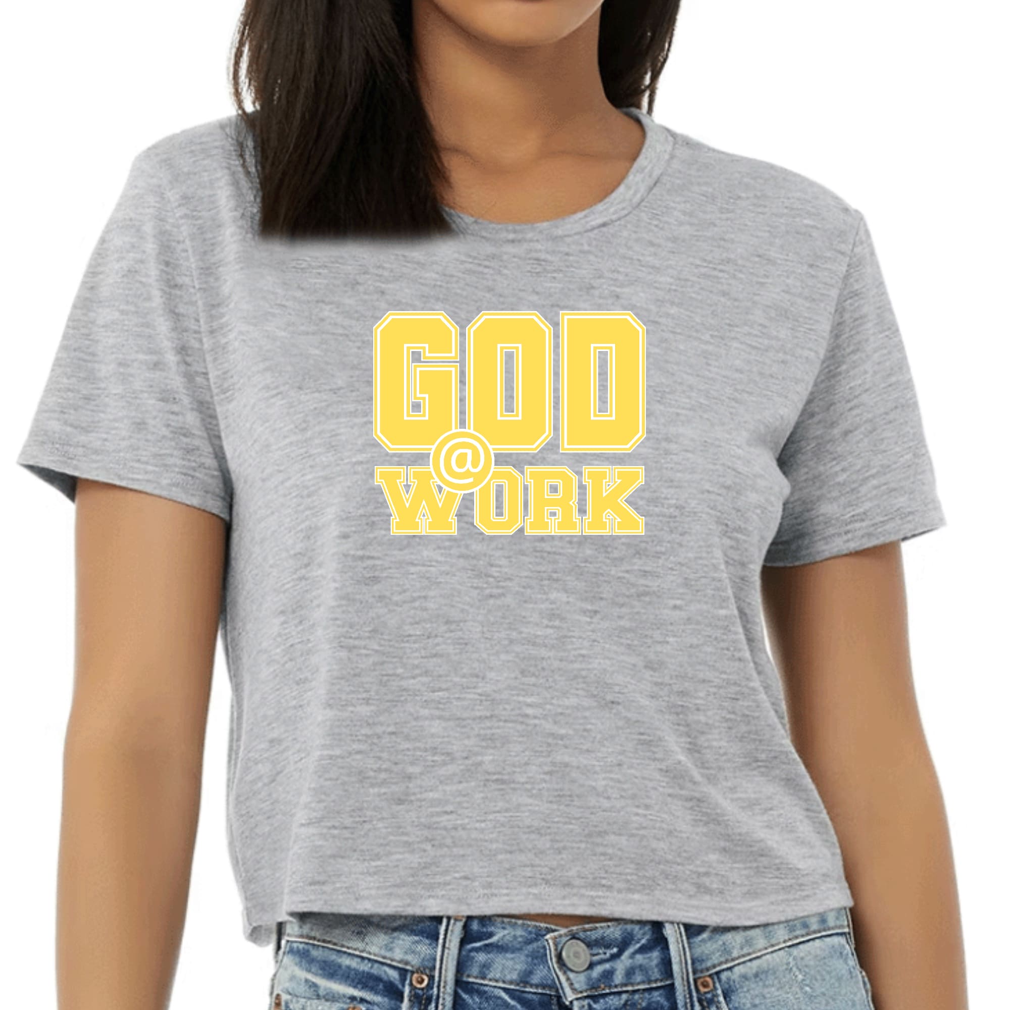 Women's Cropped Graphic T-shirt in yellow and white with 'God @ Work' print, showcasing a stylish and comfortable design.