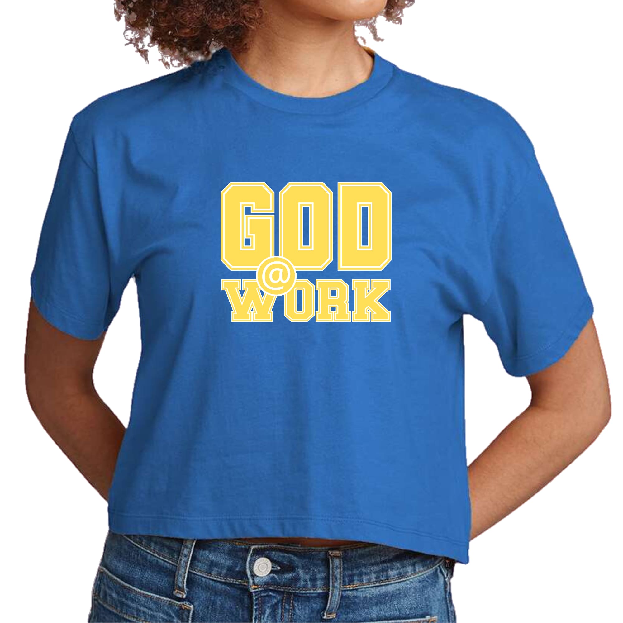 Women's Cropped Graphic T-shirt in yellow and white with 'God @ Work' print, showcasing a stylish and comfortable design.