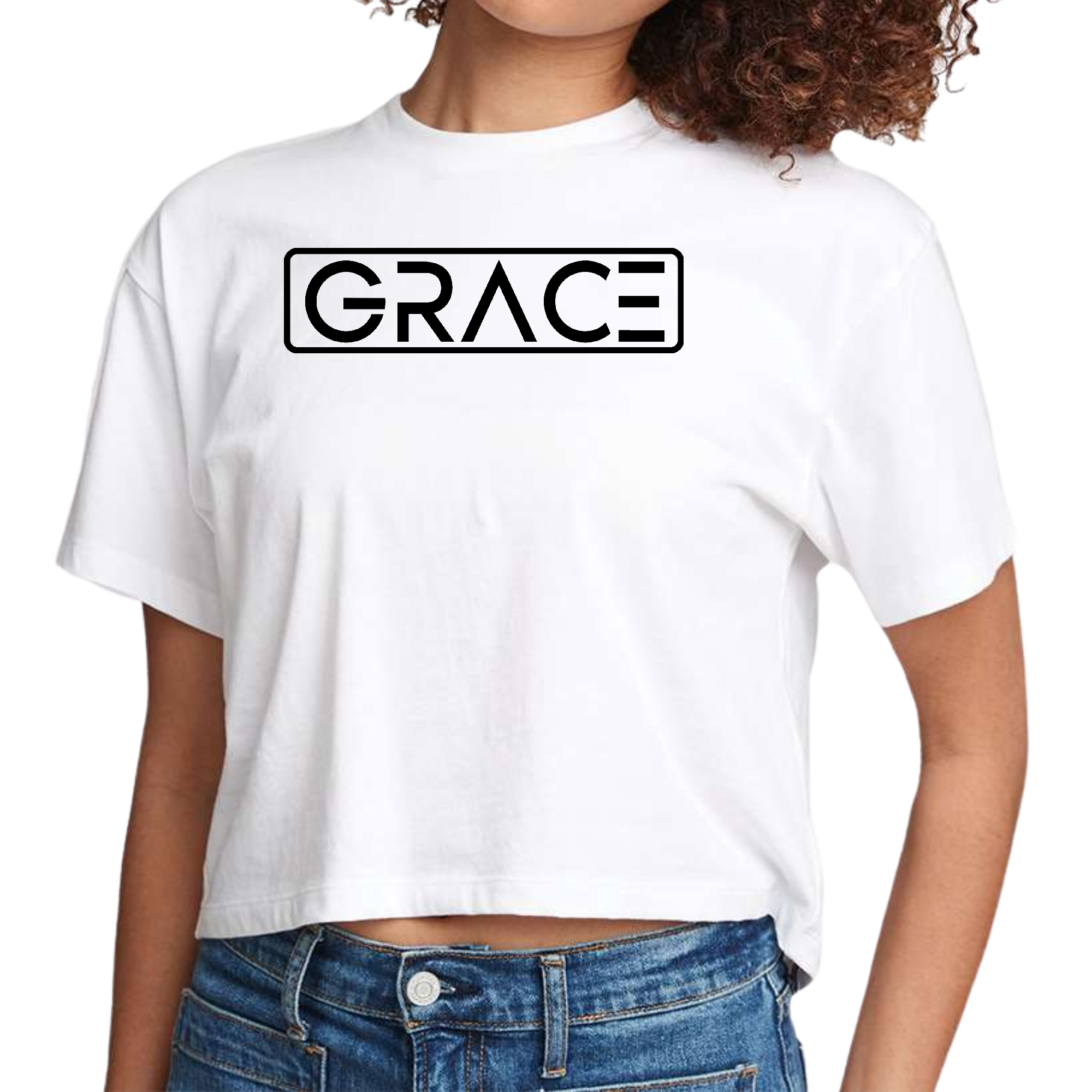 Womens Cropped Graphic T-shirt featuring a black Grace Christian illustration, showcasing a stylish and comfortable design.