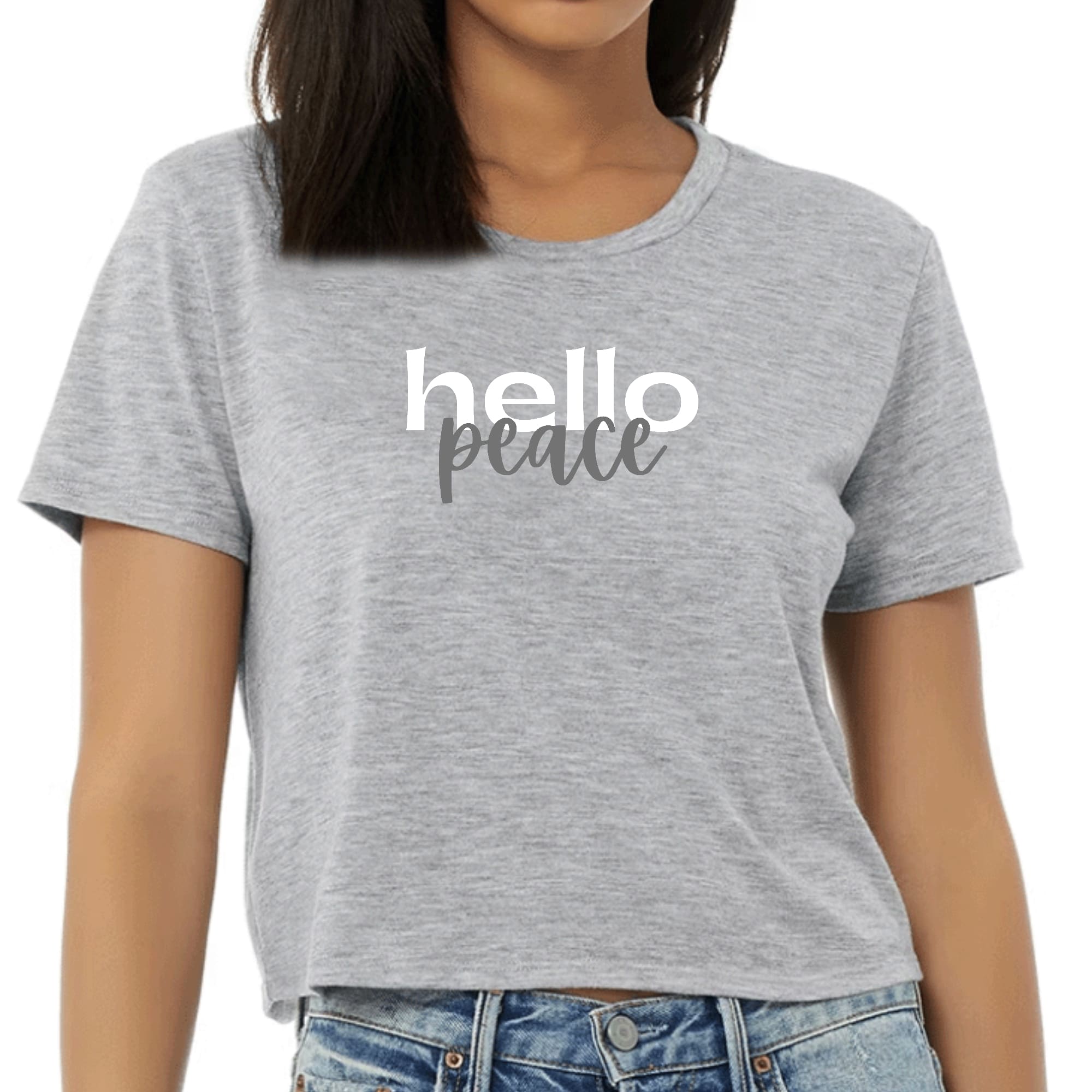 Womens Cropped Graphic T-shirt in white and gray featuring a bold 'Hello Peace' graphic design, perfect for casual and artistic styles.