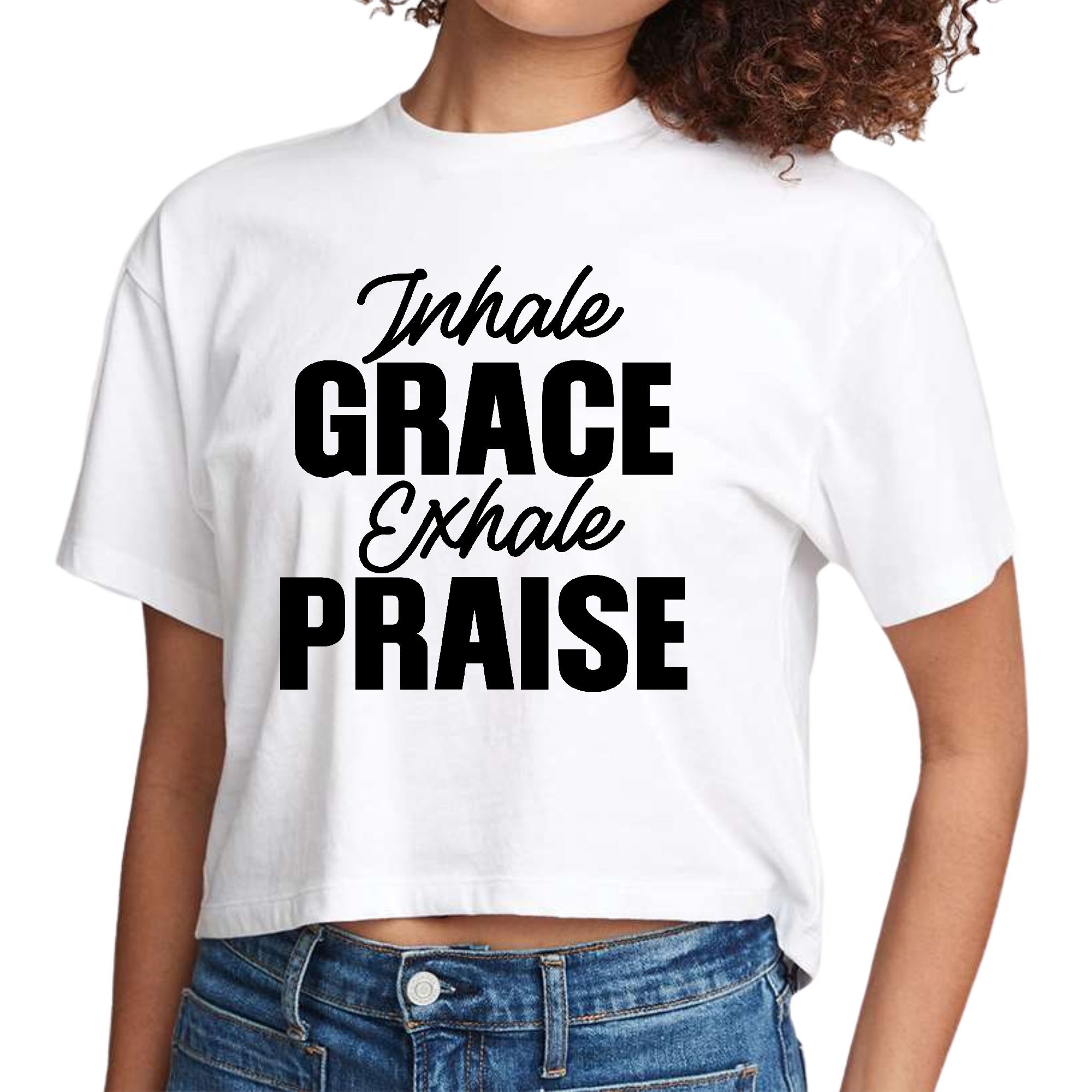 Women's cropped graphic t-shirt in black with 'Inhale Grace Exhale Praise' printed on the front, showcasing a stylish and inspirational design.