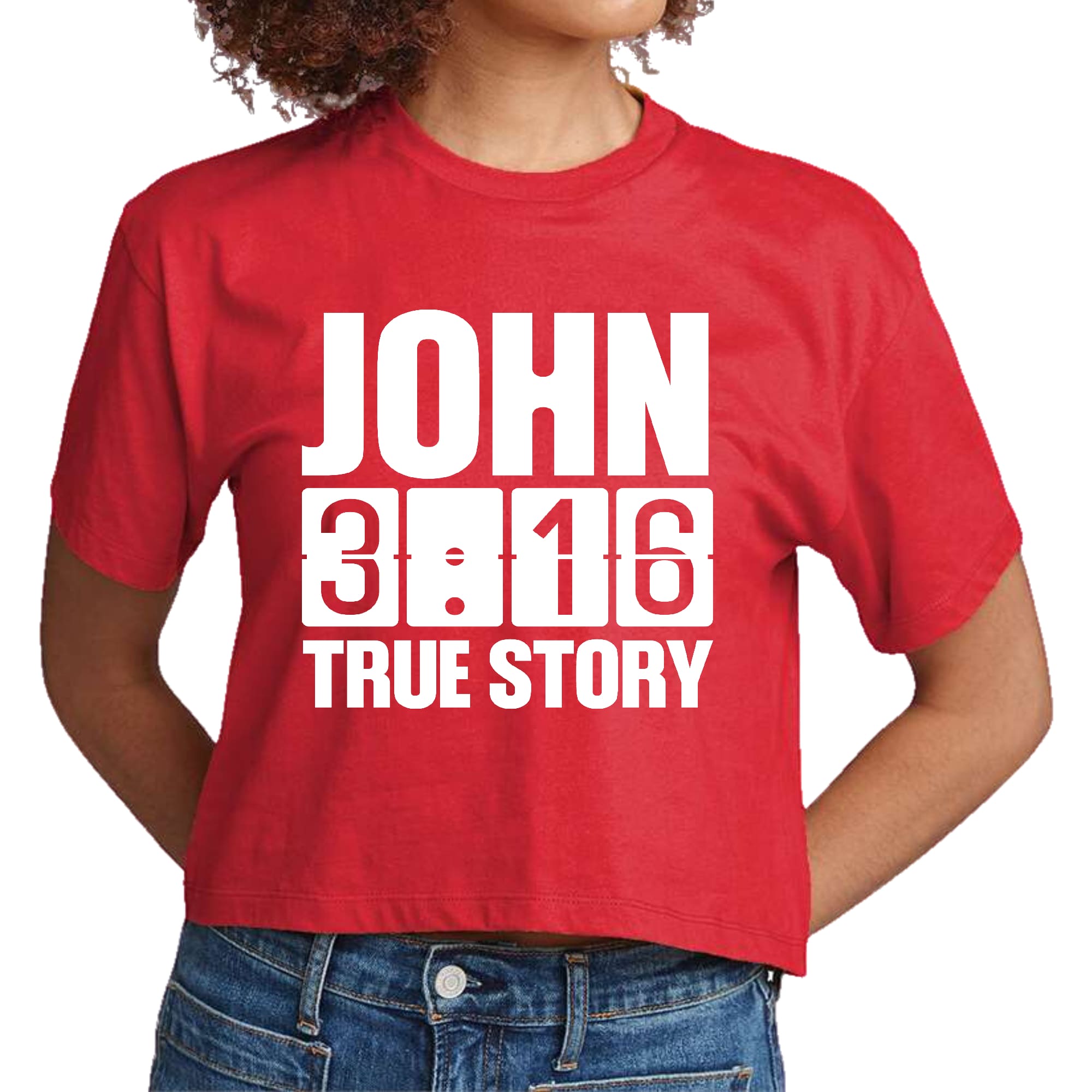 Women's Cropped Graphic T-shirt featuring John 3:16 True Story print, made from soft preshrunk cotton with a classic fit.