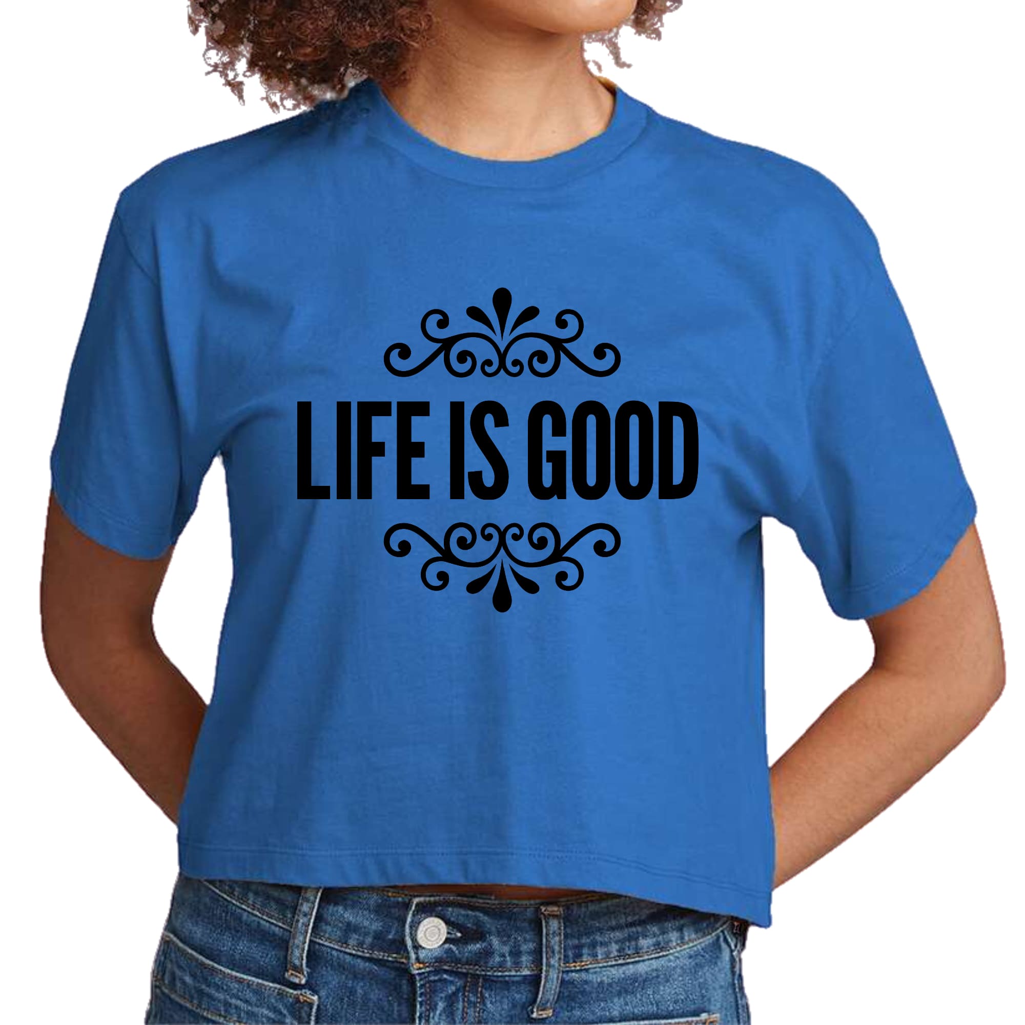 Womens Cropped Graphic T-shirt featuring Life is Good word art illustration in black, made from soft preshrunk cotton.