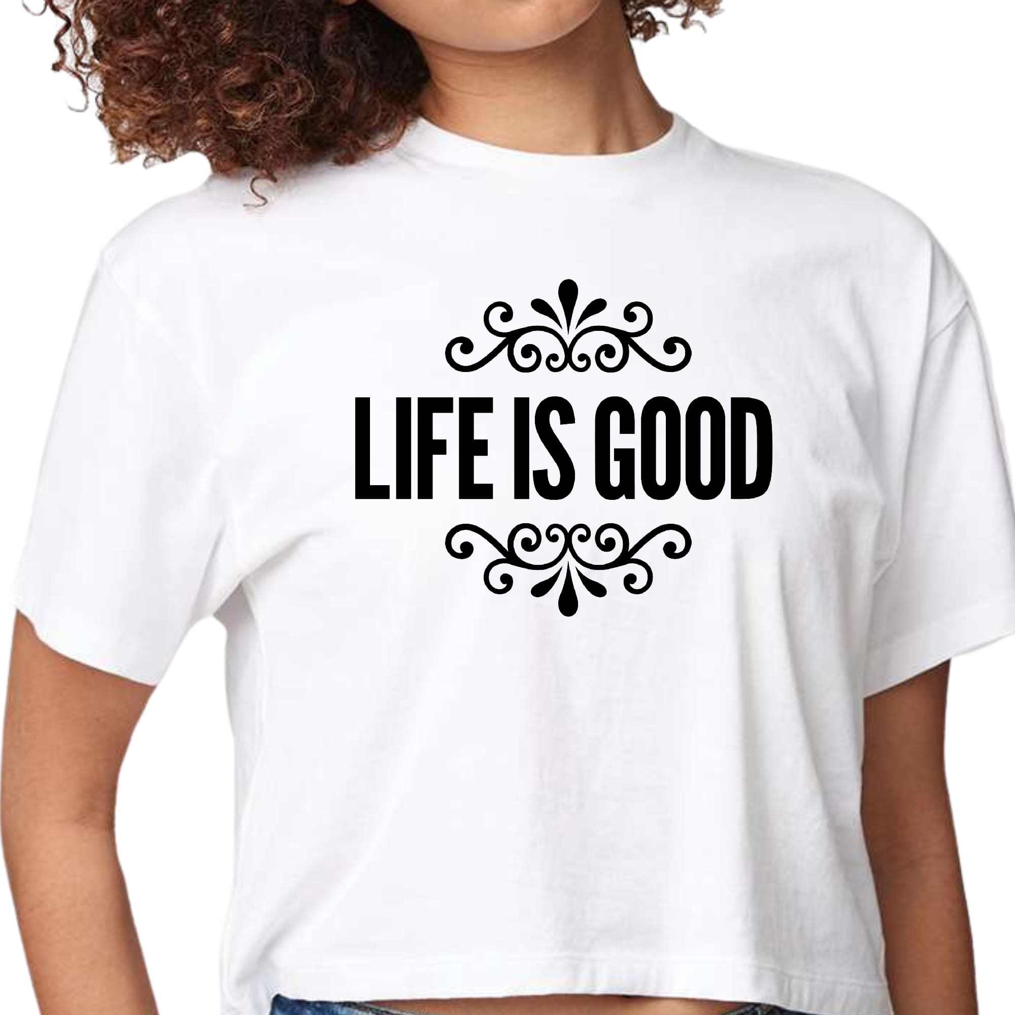 Womens Cropped Graphic T-shirt featuring Life is Good word art illustration in black, made from soft preshrunk cotton.
