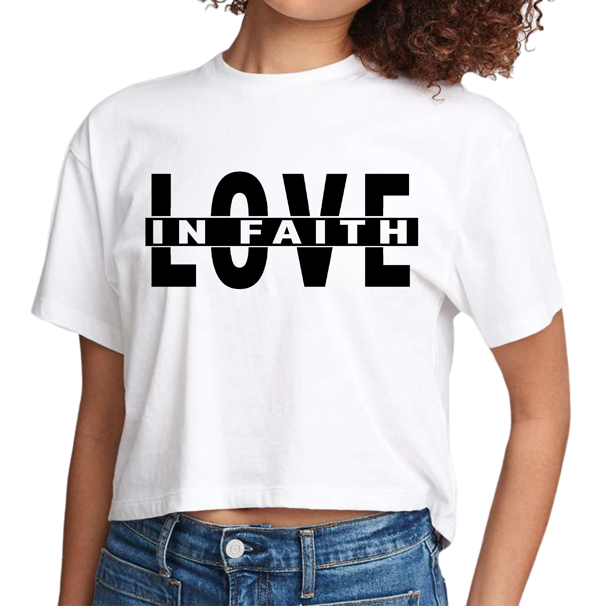 Womens Cropped Graphic T-shirt featuring a black illustration of 'Love in Faith', made from soft preshrunk cotton, ideal for casual wear.