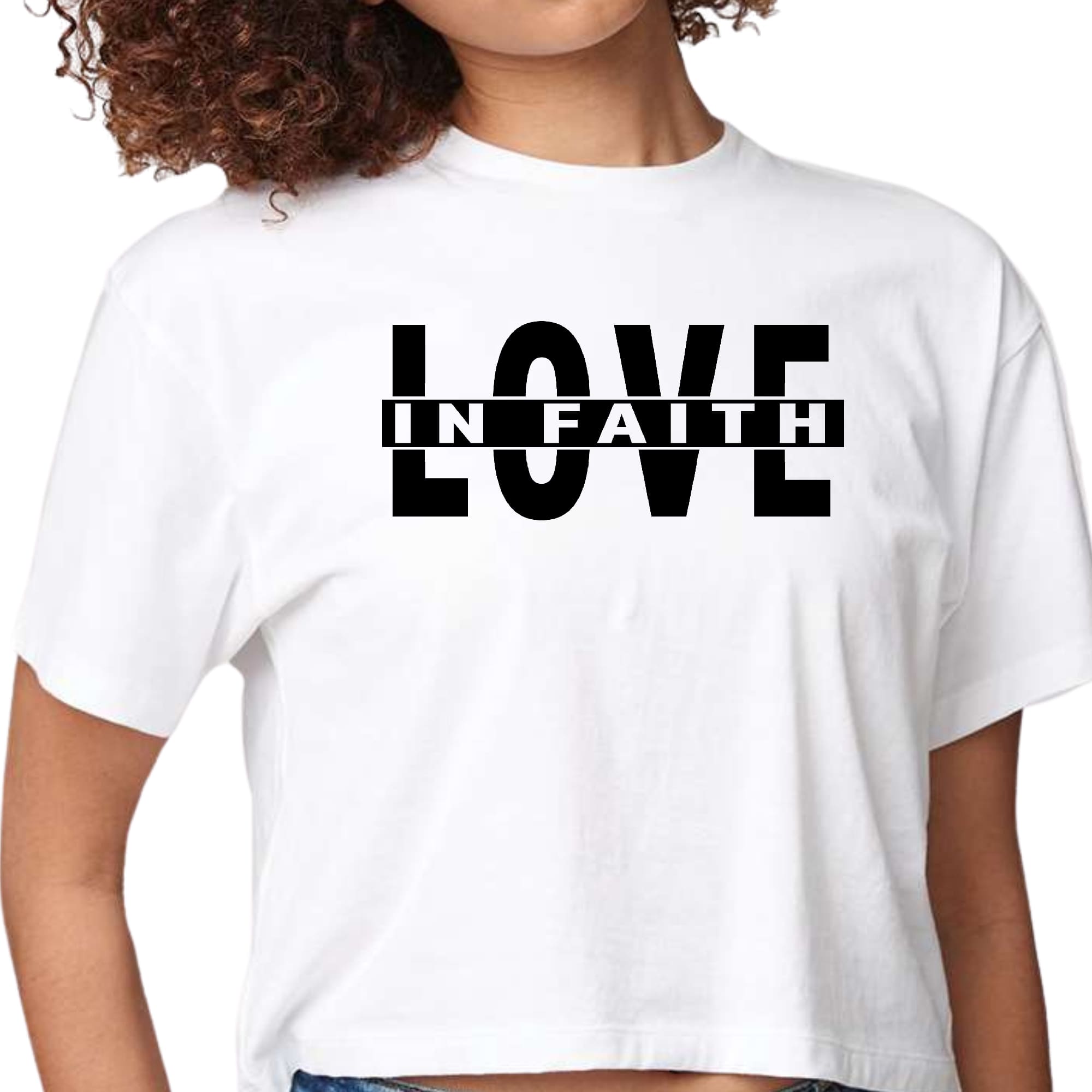 Womens Cropped Graphic T-shirt featuring a black illustration of 'Love in Faith', made from soft preshrunk cotton, ideal for casual wear.