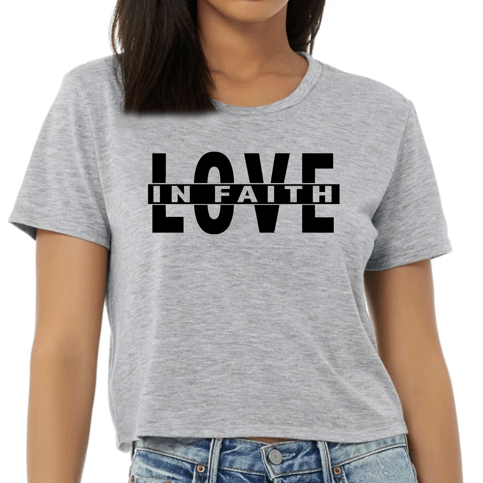 Womens Cropped Graphic T-shirt featuring a black illustration of 'Love in Faith', made from soft preshrunk cotton, ideal for casual wear.