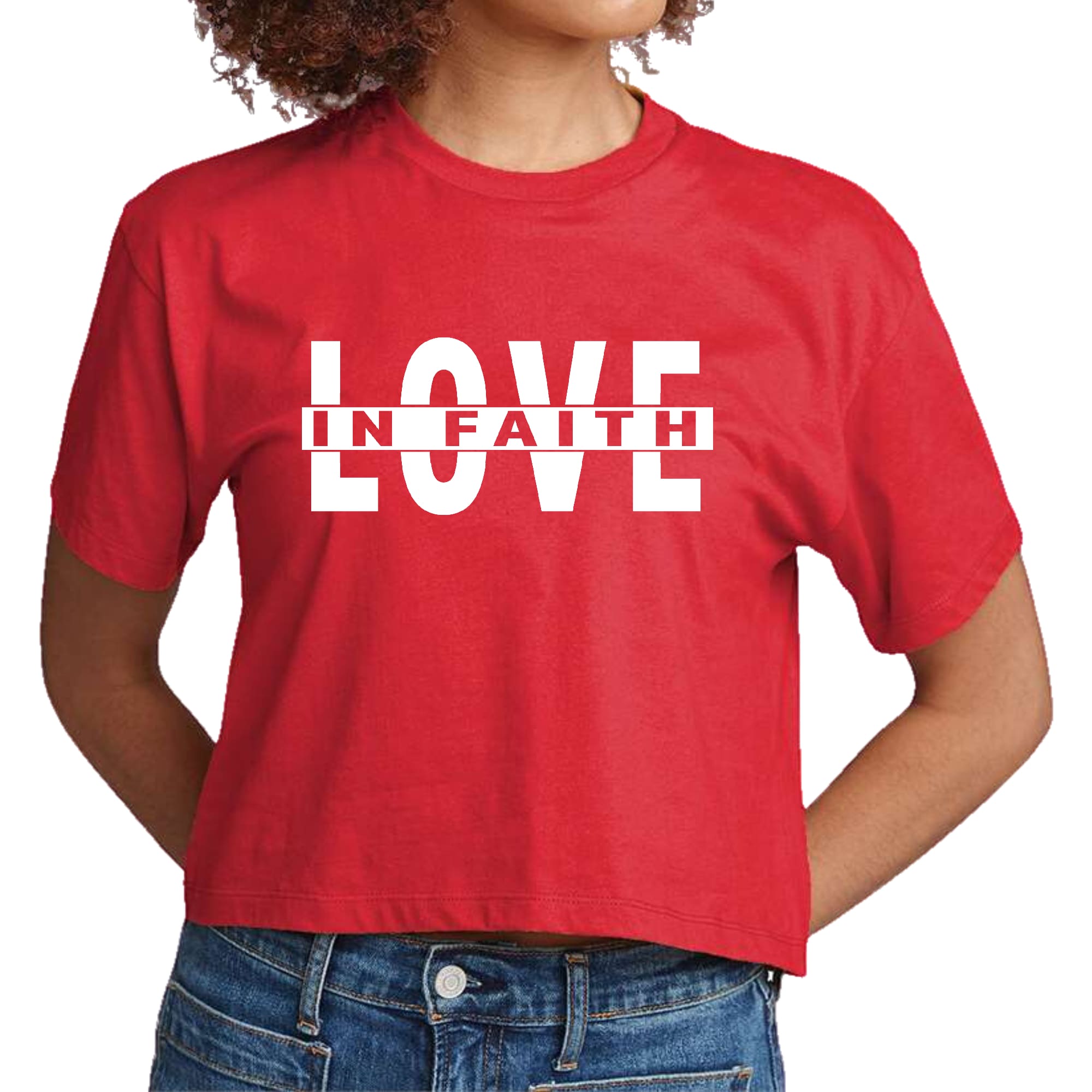 Womens Cropped Graphic T-shirt featuring 'Love in Faith' scripture design, made from soft preshrunk cotton with a classic fit.