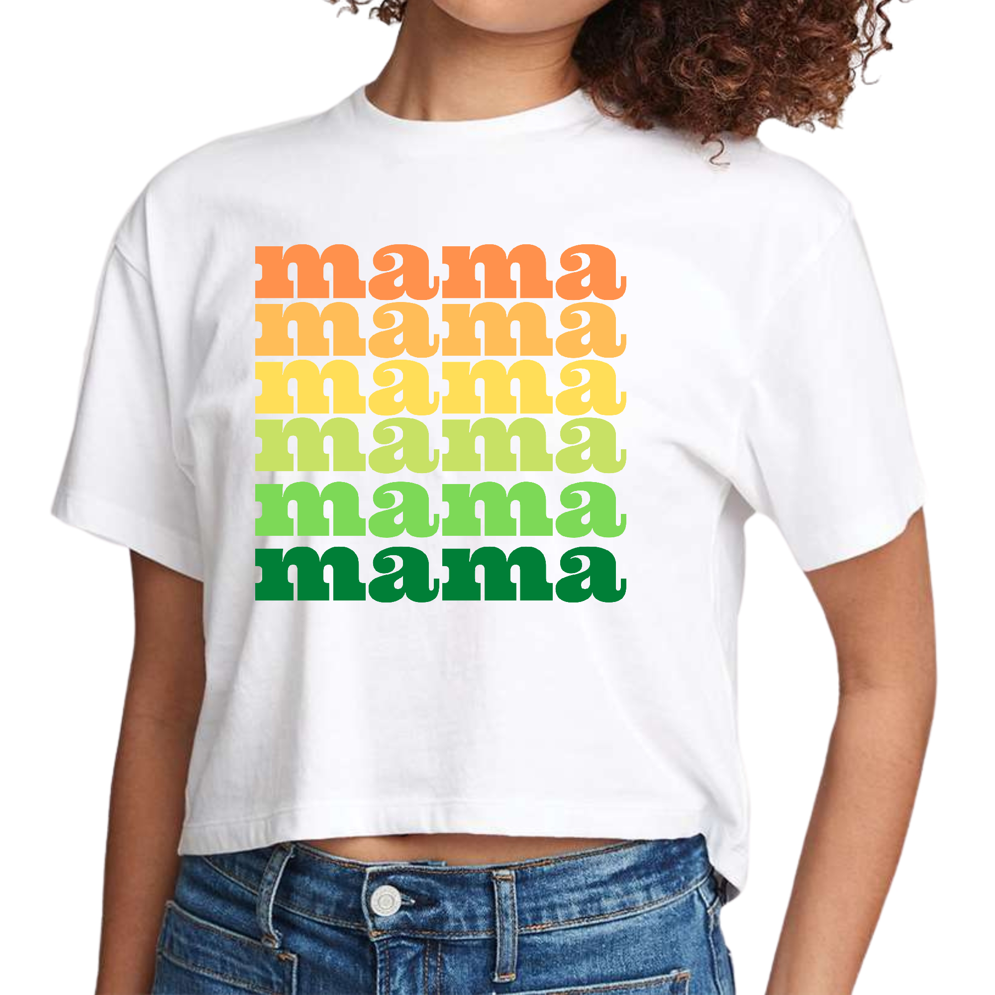 Women's cropped graphic t-shirt featuring 'Mama' design, made from soft cotton, perfect for casual wear.