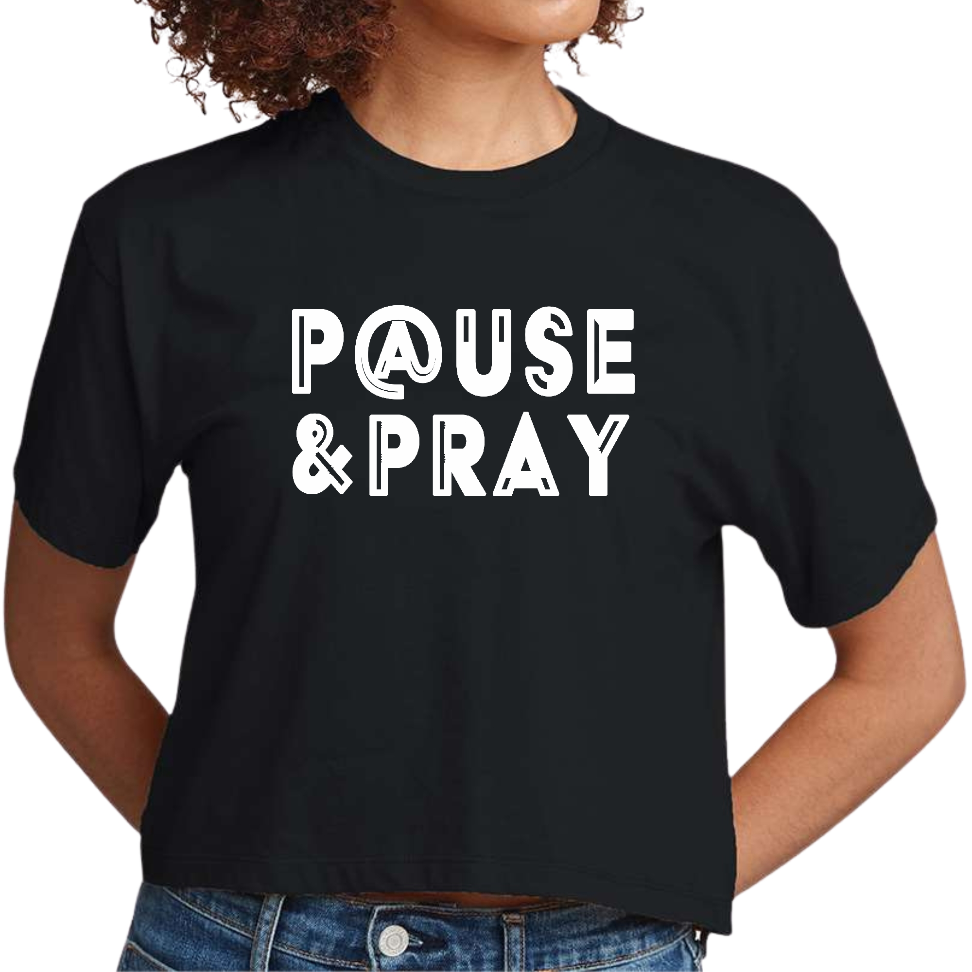 Women's Cropped Graphic T-shirt featuring 'Pause and Pray' design in soft cotton material, showcasing a stylish and comfortable fit.